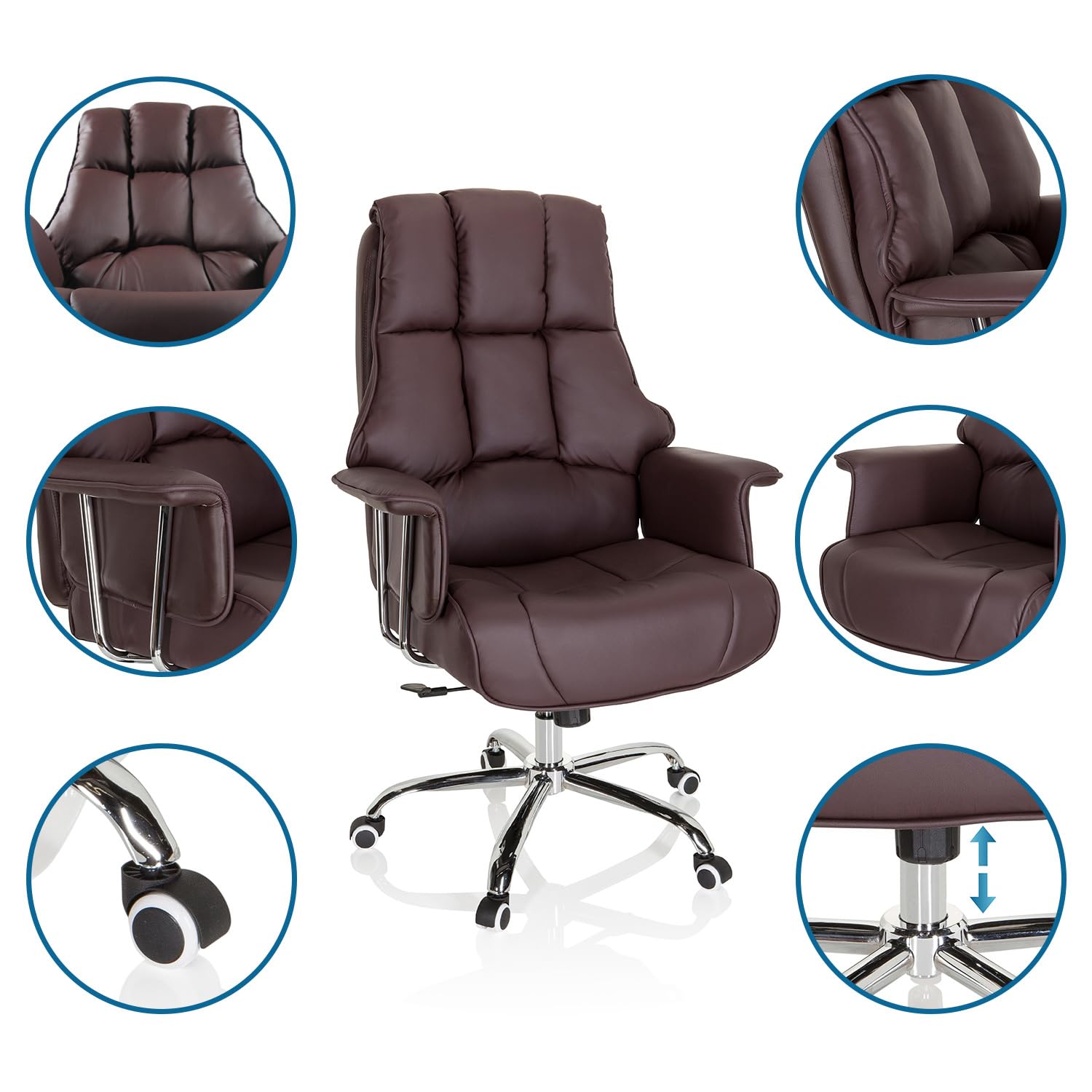 hjh OFFICE 706815 XXL Chefsessel Commander Kunstleder Braun Bürosessel dick gepolstert, Wippfunktion, hohe Rückenlehne