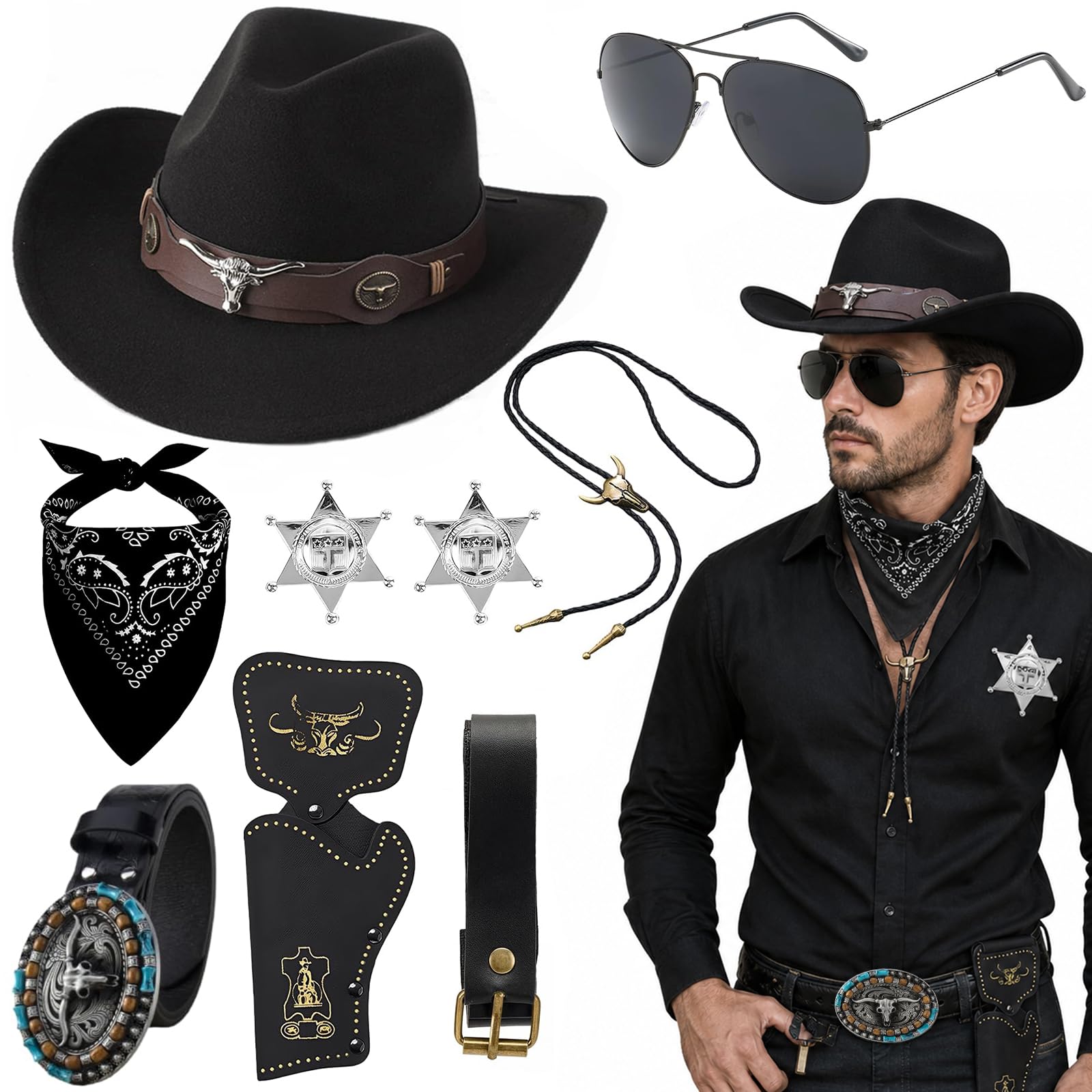 iSharely 9PCS Western Cowboy Accessories Set, Wild West Fancy Dress Costume with Hat Glasses Bandana Bolo Tie Badge Belt & Holster Cowboy Outfit for Men Women Halloween Rodeo Party Cosplay (Black)