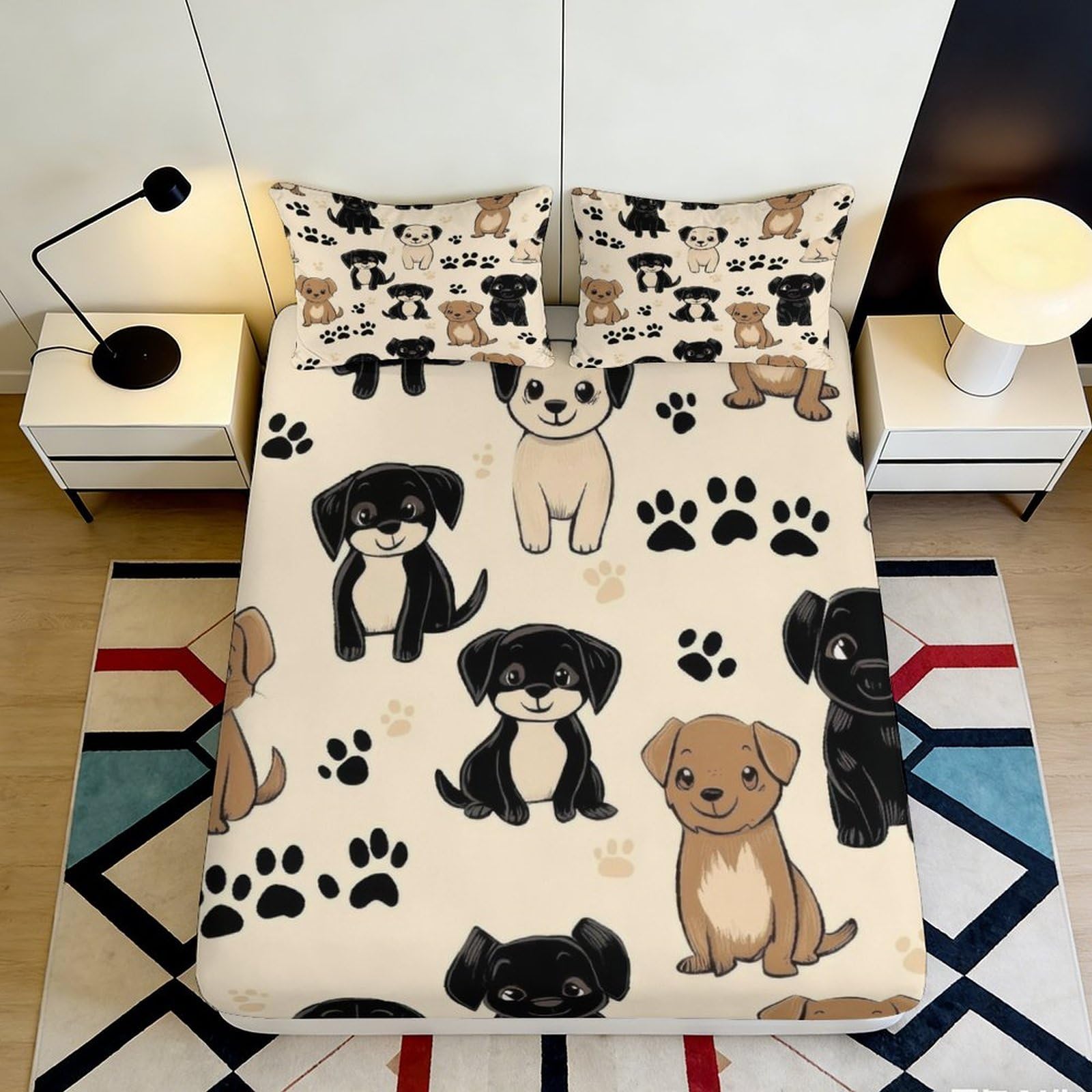 3D Printed Cartoon Puppy Fitted Sheet Microfiber Anti-Slip Mattress Cover Cute Dog Paw Decor for Bedroom Guest Room 160x200x25cm