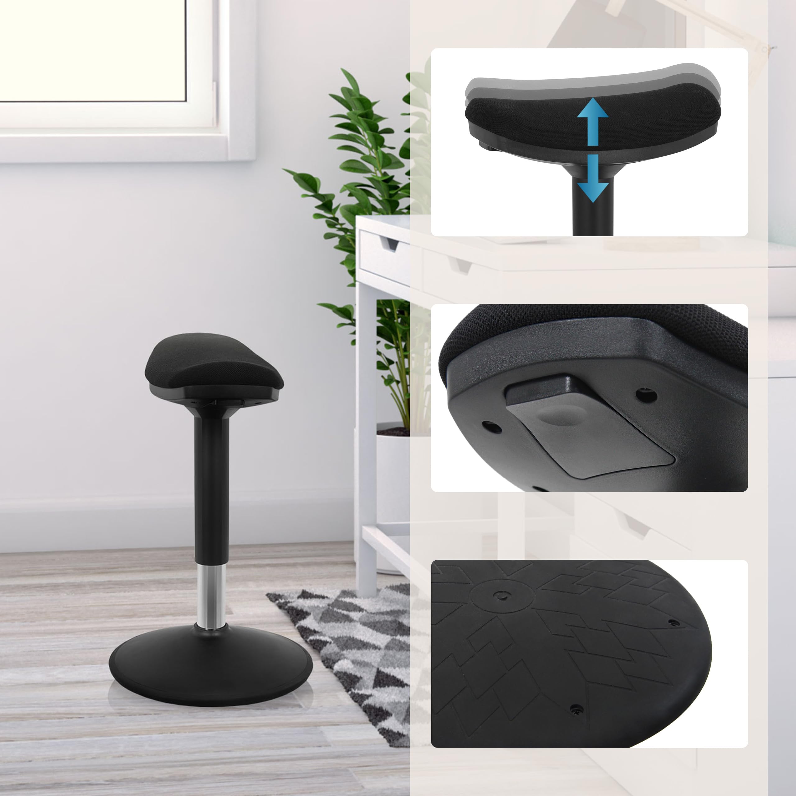 hjh OFFICE 830094 Tabouret Balance Sit I B Noir Tissu, Tabouret Assis Debout, Ergonomique, Réglable en Hauteur, pour Une Position Assise équilibrée et Active