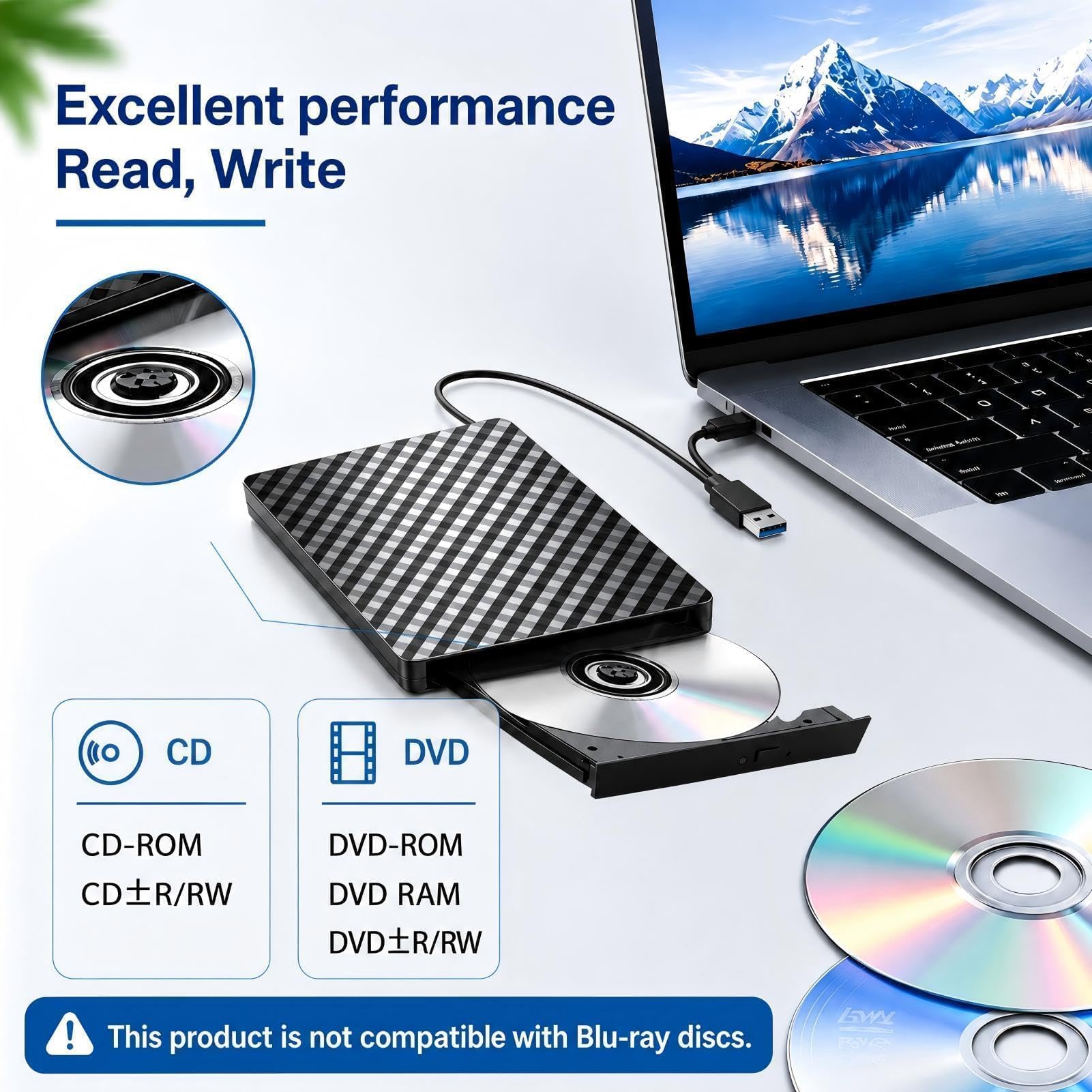 Lecteur CD DVD Externe pour PC, USB 3.0 et USB-C Graveur DVD Externe,Plug and Play CD/DVD +/-RW Drive, Mince DVD Player,Haute Vitesse 5Gbps pour MacBook Windows 11/10/8/7/XP Linux OS