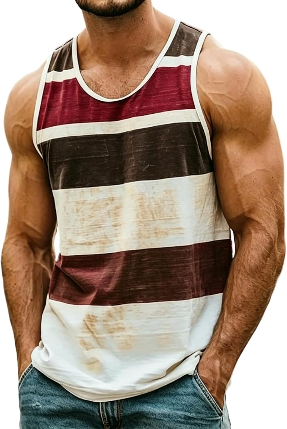 Mens Striped Tank Tops Summer Sports Fitness Cut Off Tee Plus Size Clothing Casual Color Block Sleeveless T Shirt Men