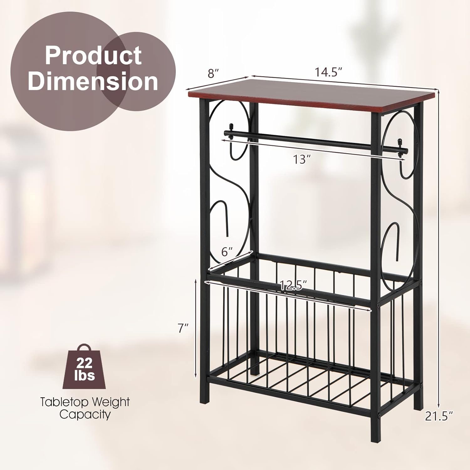 Giantex Side Table w/Paper Holder, Set of 2 Narrow Side Table w/Storage Basket & Steel Frame for Living Room Bedroom Bathroom Toilet, End Table for Small Space