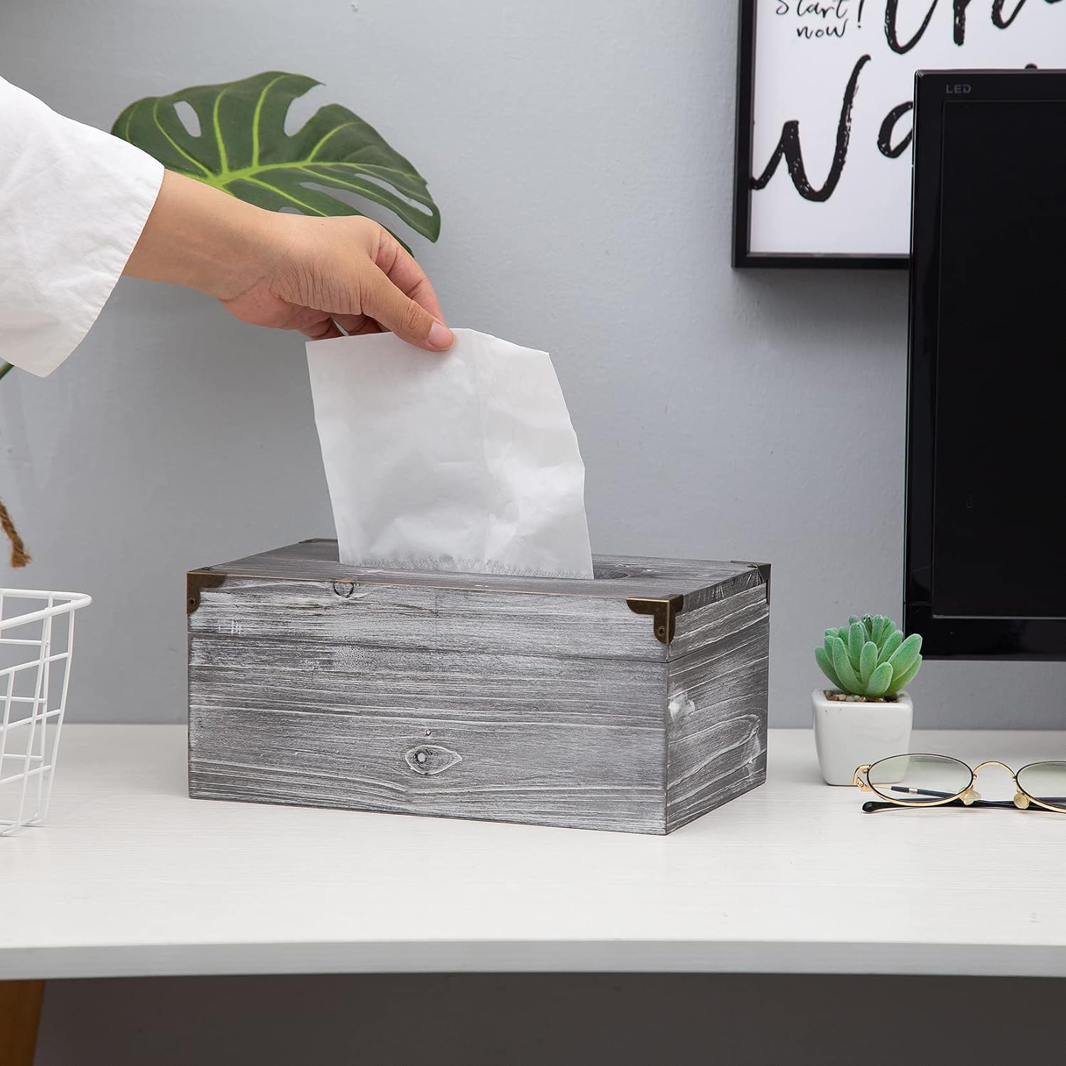 Distressed Wooden Rustic Tissue Box Holder Tissue Box Cover Napkin Dispenser for Bathroom Living Room Dining Room Bedroom Toilet (Grey White) image 4
