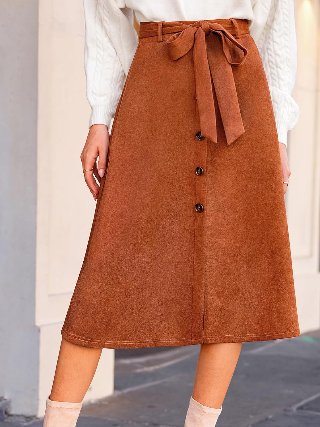 CUPSHE Women's Button Front Midi Skirts Suede A-line Waist Tie Long Skirt Western Casual Vacation - Image 4