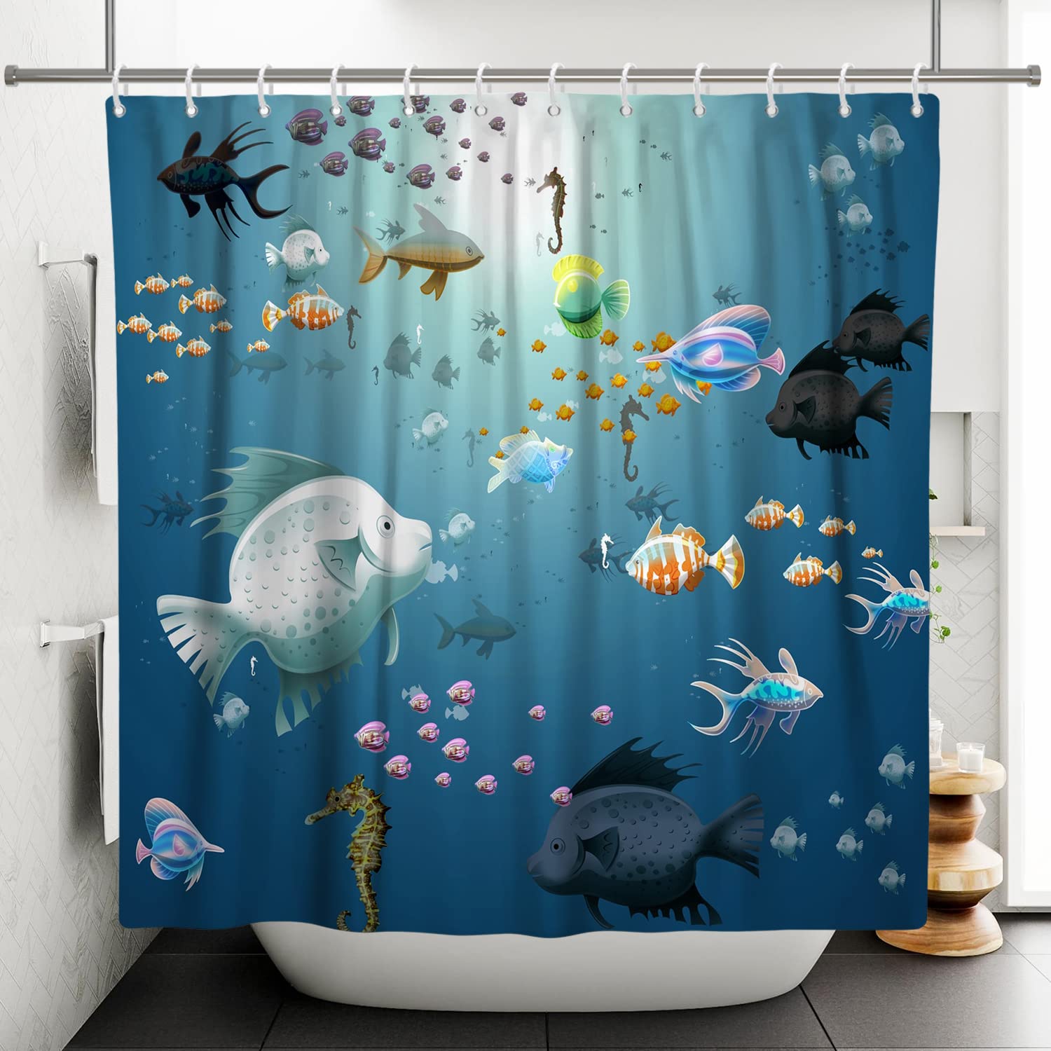 SDOTPMT 122x183cm Cartoon Fish Shower Curtain Colorful Tropical Fishes Hippocampus Marine Animal Bath Curtain Blue Ocean Bathtub Curtain for Bathroom Decor Fabric Polyester Waterproof with Hooks - Image 2
