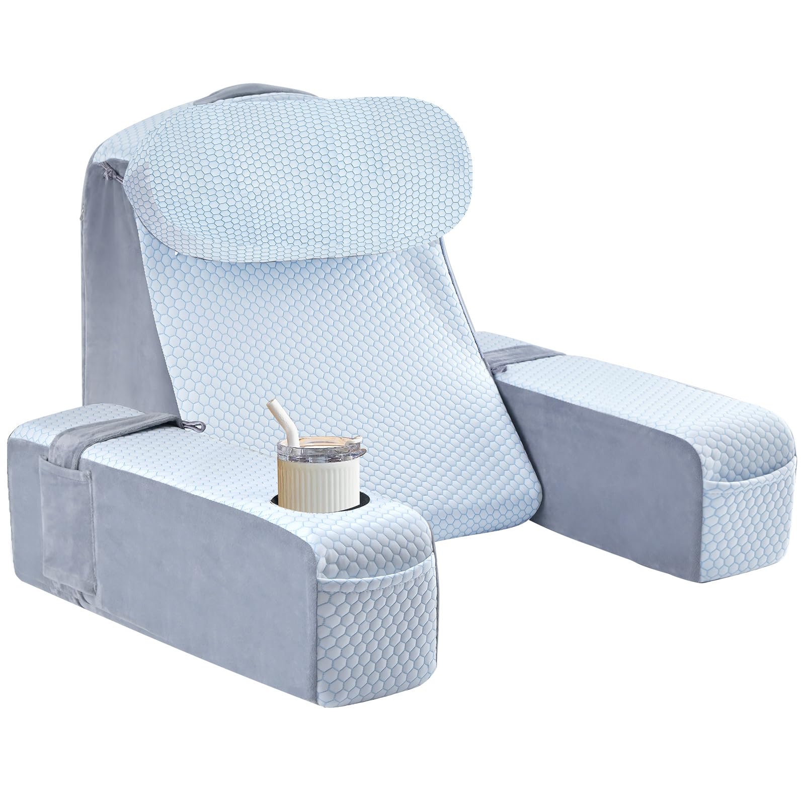 AS AWESLING Reading Pillow for Adults, Back Pillow for Bed Sitting Up, Backrest Cushion for Sitting in Bed, Detachable Arms with Built-in Cup & Phone Caddy (WHITE COOLING-POLKA, 21 INCH)