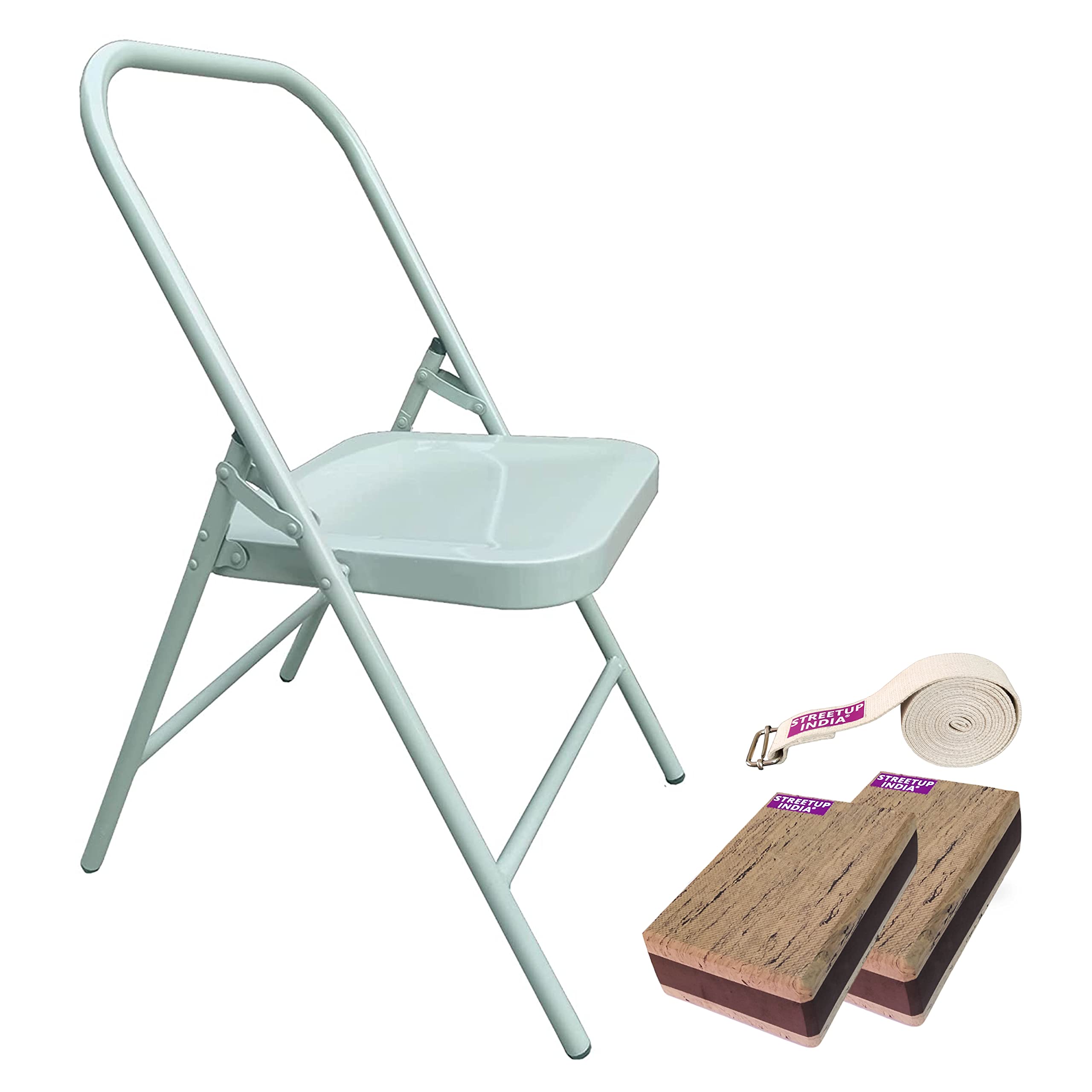 Streetup India® Iyengar Yoga (Backless) Chair with Belt and Eva Foam Blocks for Iyengar Yoga Grey