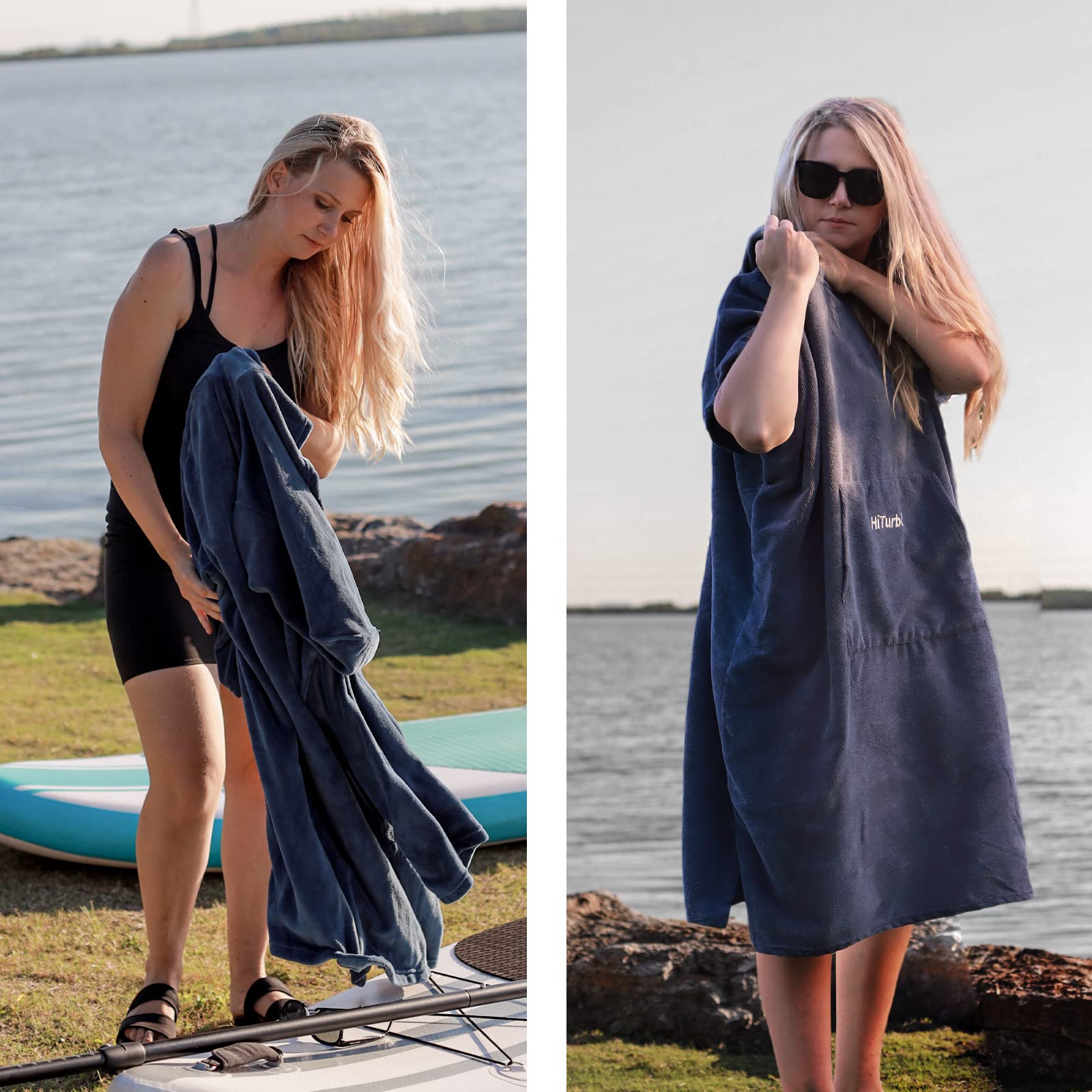 Hiturbo Bademantel, Damen Herren Robe, Unisex, Einheitsgröße, Warmer Weicher Fleece Mogenmantel mit Kaputze, für Strand, Schwimmbad, Zuhause