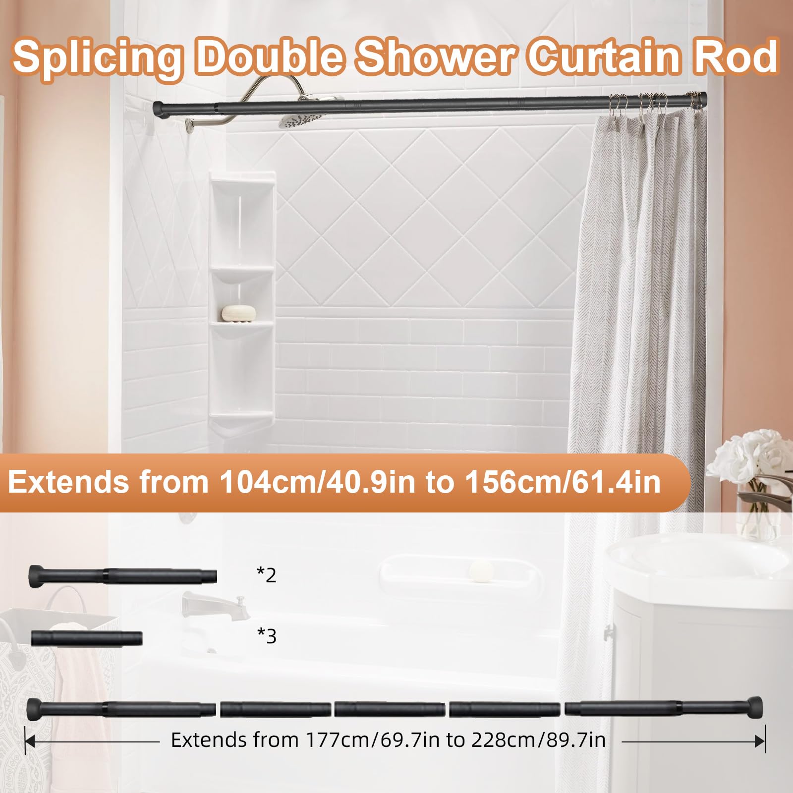 Tringle de douche double murale réglable 68 à 228 cm, noire antirouille pour séparation zone sèche/humide, installation simple pour salle de bain