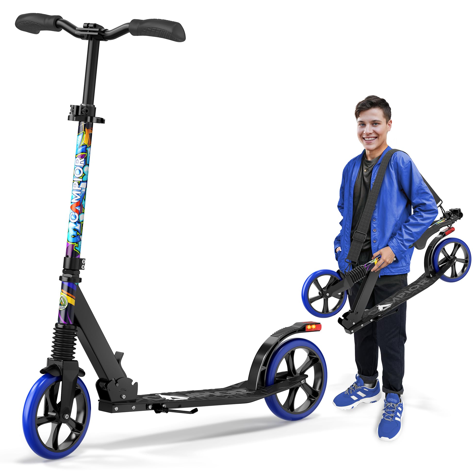 Kick Scooter for Ages 6+, for Kids, Teens, and Adults, Max Load 240 LBS, Foldable, 8-inch Big Wheels for Kids and Adults, with Kickstand, 3 Adjustable Levels, Child Safety Approved, Graffiti
