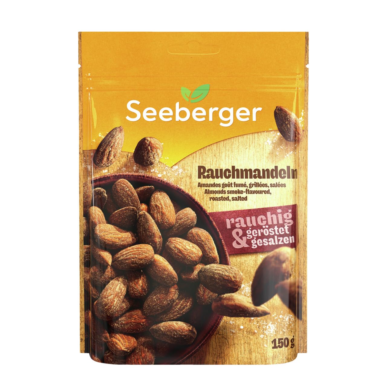 Seeberger Rauchmandeln geröstet & gesalzen 5er Pack: Geröstete Mandeln mit salziger Note und intensivem Raucharoma - im praktischen Zip-Beutel, vegan (5 x 150 g)