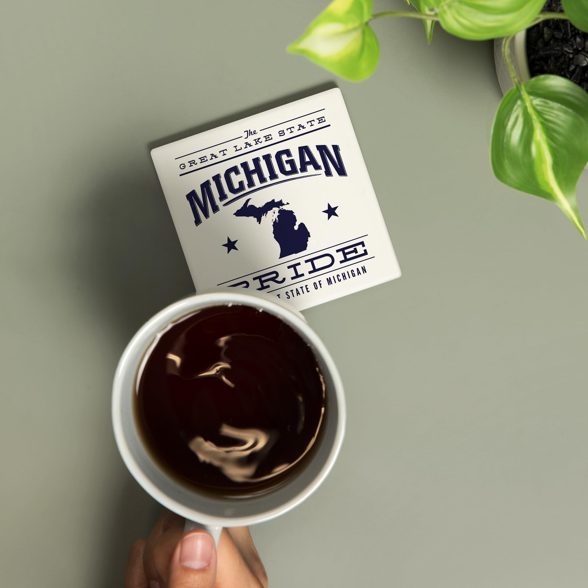 Michigan State Pride, Blue on White (Absorbent Ceramic Coaster, Single, Cork Back, Kitchen Table Decor)