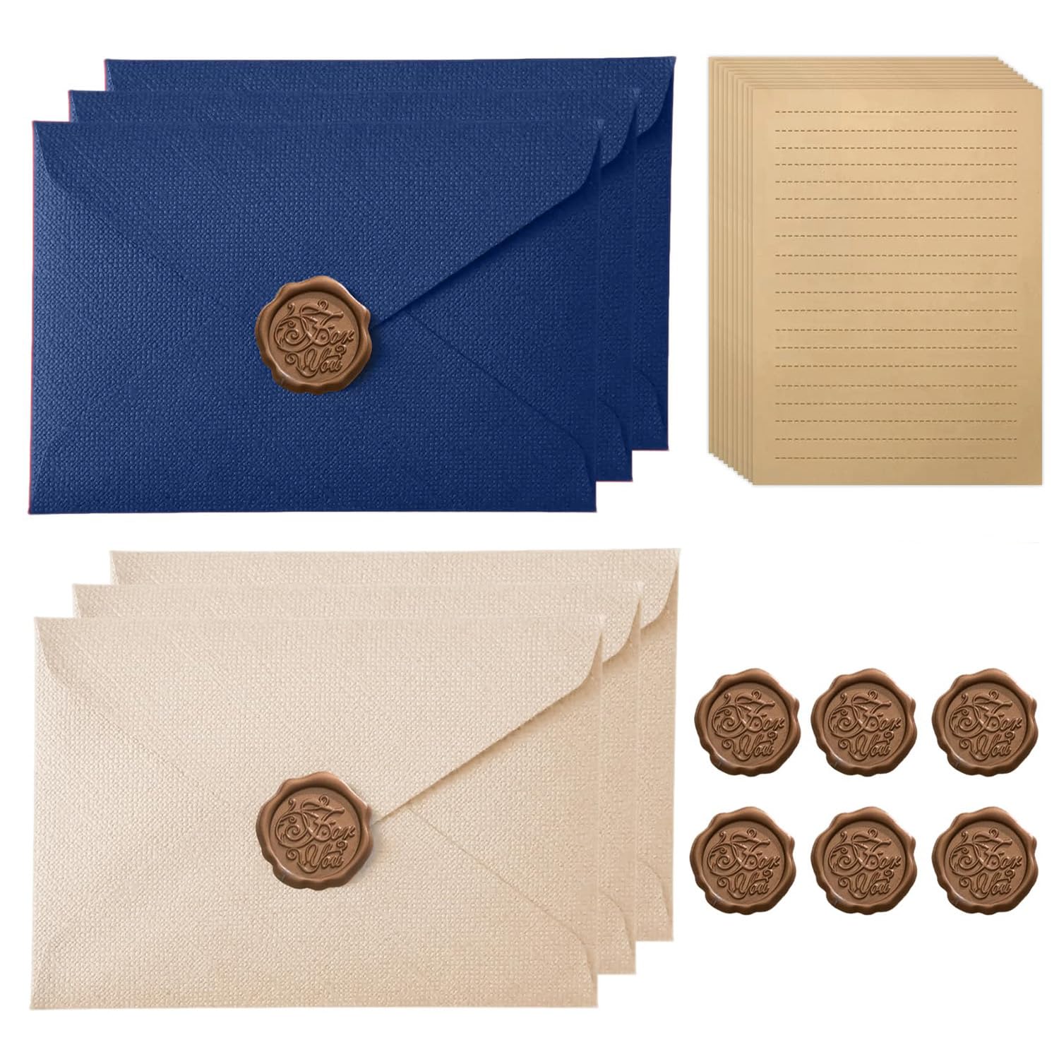 16-Piece Dark Blue & Cream Vintage Writing Set, Letter Writing Paper and Envelopes with Lined Paper & Wax Seals, Smooth Writing Notepaper for Invitations Greetings and Gifting Use