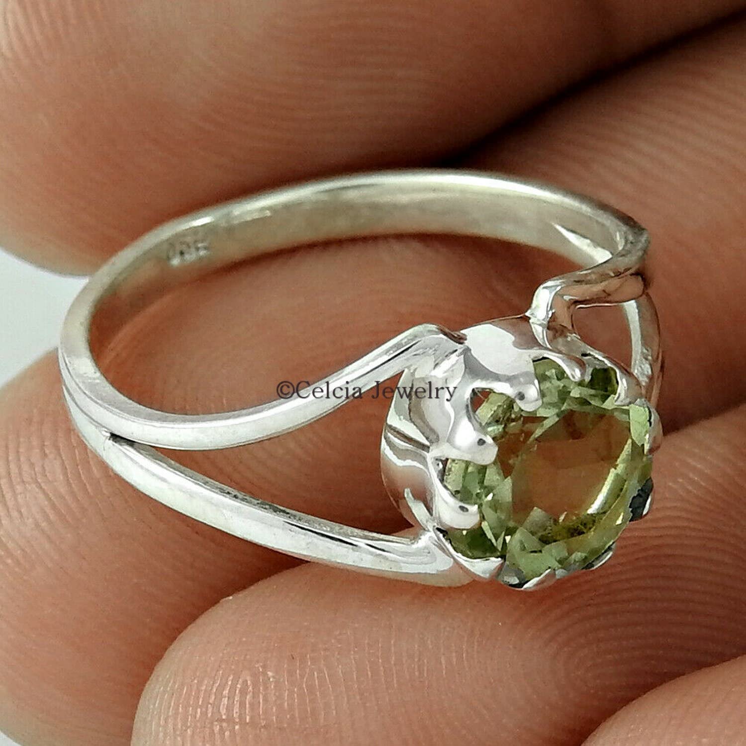Anillo redondo de amatista verde natural, joyería hecha a mano para mujeres, anillo solitario, anillo de promesa, regalos de dama de honor