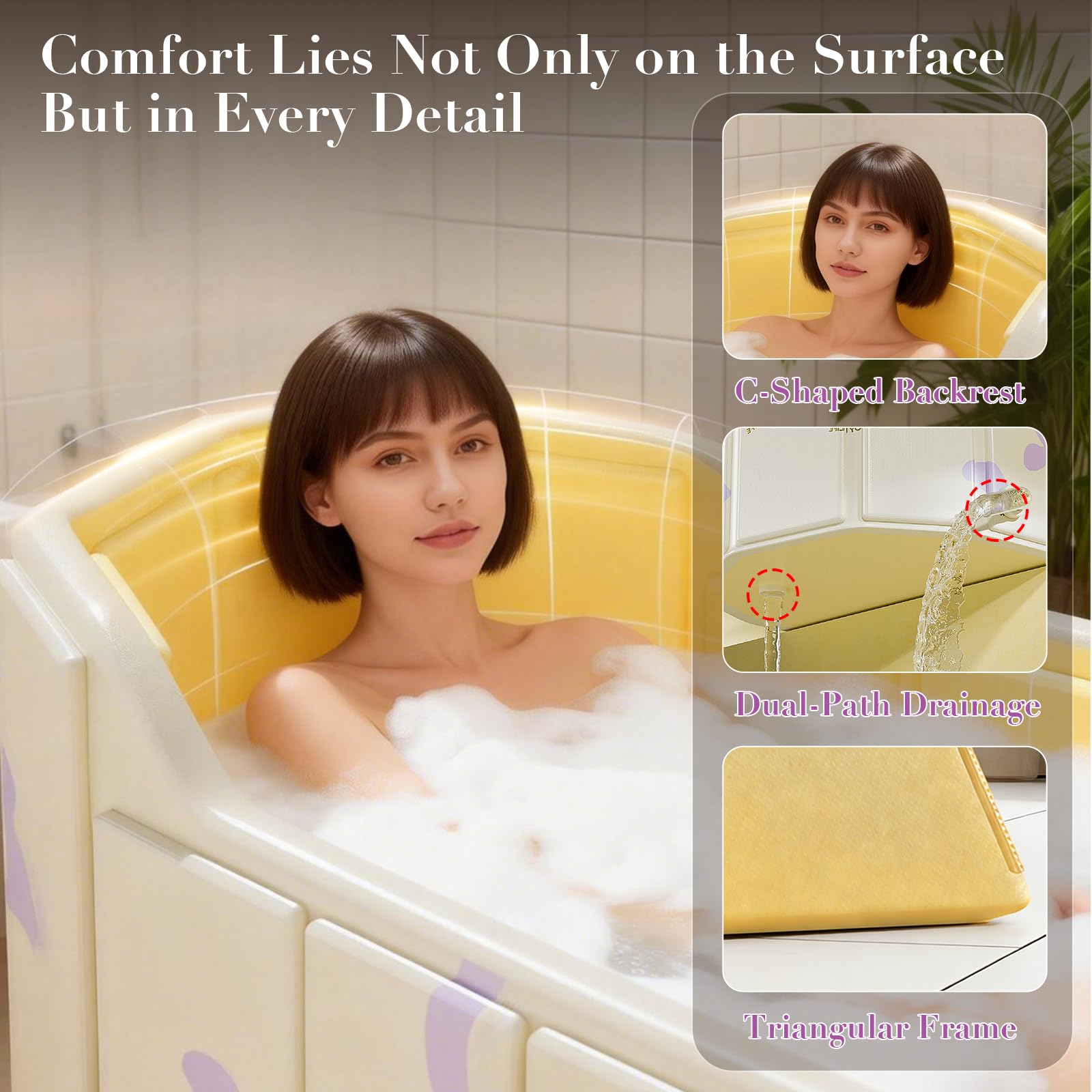 1,4 m Baignoire Pliable Adulte avec Dossier, 140 X 55 X 55 cm Baignoire Pliante Adulte Portable, Bain Froid et Chaude, pour Spa, Sauna, Douche en Couple, avec Coussin et Tuyau de Vidange