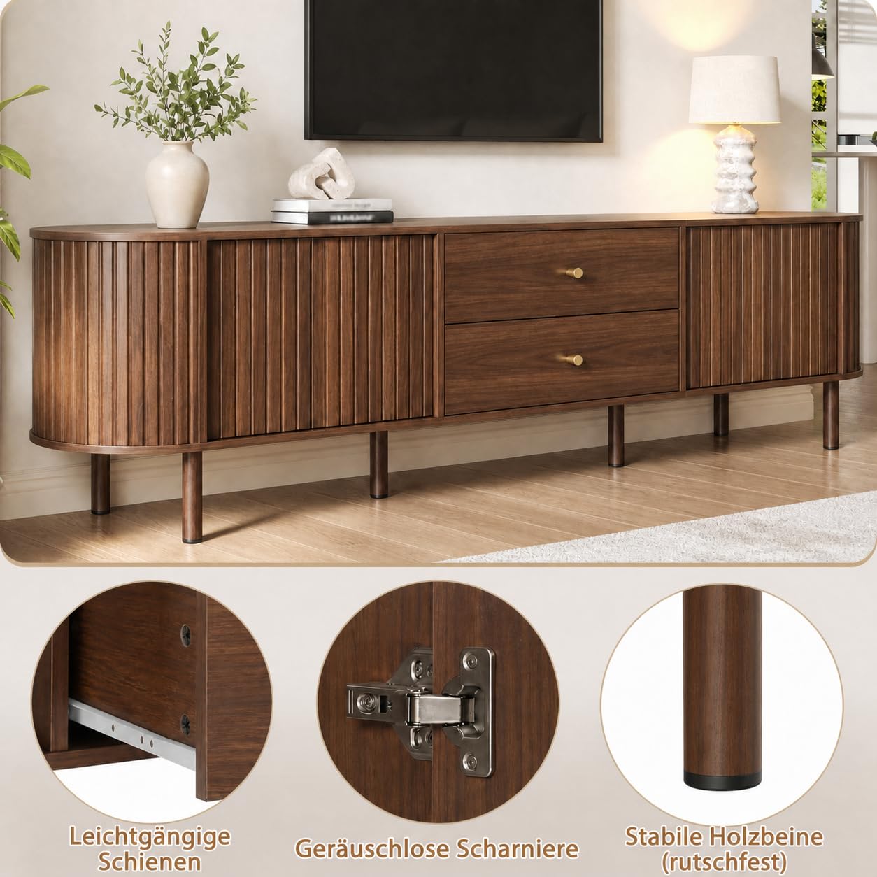 180 cm TV Schrank, Ovaler Lowboard mit Schiebetüren für Wohnzimmer | TV Bänke 180x40x58cm, Ovaler Schrank mit Schiebetüren und 2 Schubladen, TV-Möbel in Holzoptik