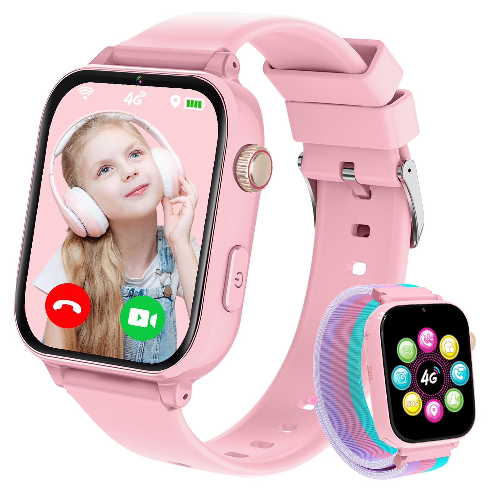 Smart Watch Child GPS and Calls, 4G Smartwatch Boys Girls with Telephone, SOS, Chat, Video Call, Class Mode, Camera, Pedometer, Watch Calls Boys Girls Child from 4 to 12 Years, Pink Medium
