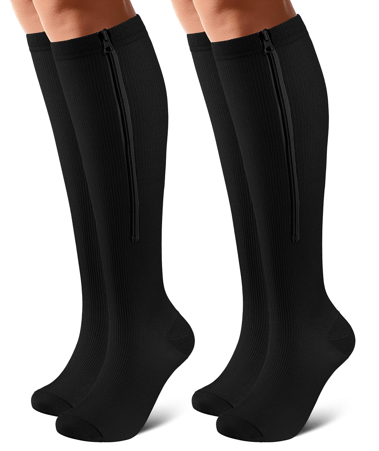 OUIVIAL Zipper Compression Socks Close Toe 2 Pairs for Women&Men 15-20mmHg Knee High Support Socks for Running Cycling