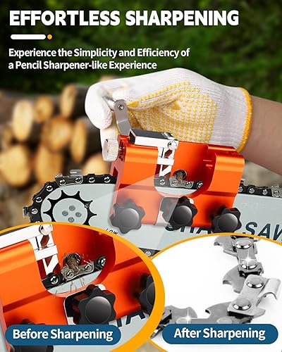 Miniatura 9 de Afilador de motosierra, herramienta de manivela portátil con 5 varillas de afilar, bolsa de almacenamiento, guantes y cepillo de limpieza, kit de