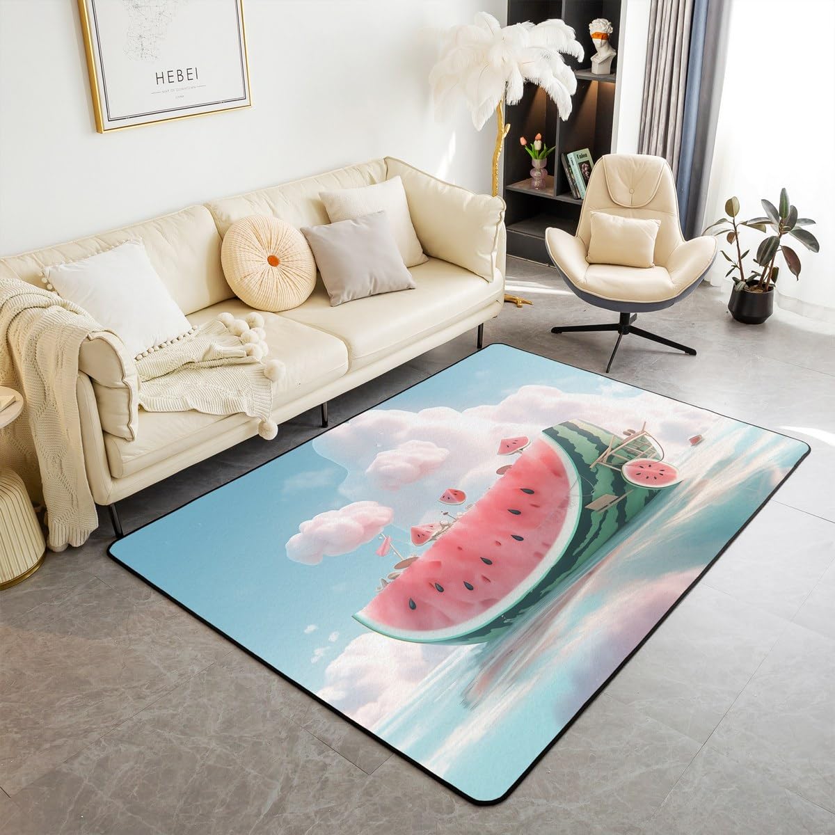 Erosebridal Watermelon Boat Carpet 5X7,Fantastic Creative Area Rug for Kids Children Teens Summer Theme Decorative Accent Rug White Cloud and Sea Decorative Rug Bedroom Decor