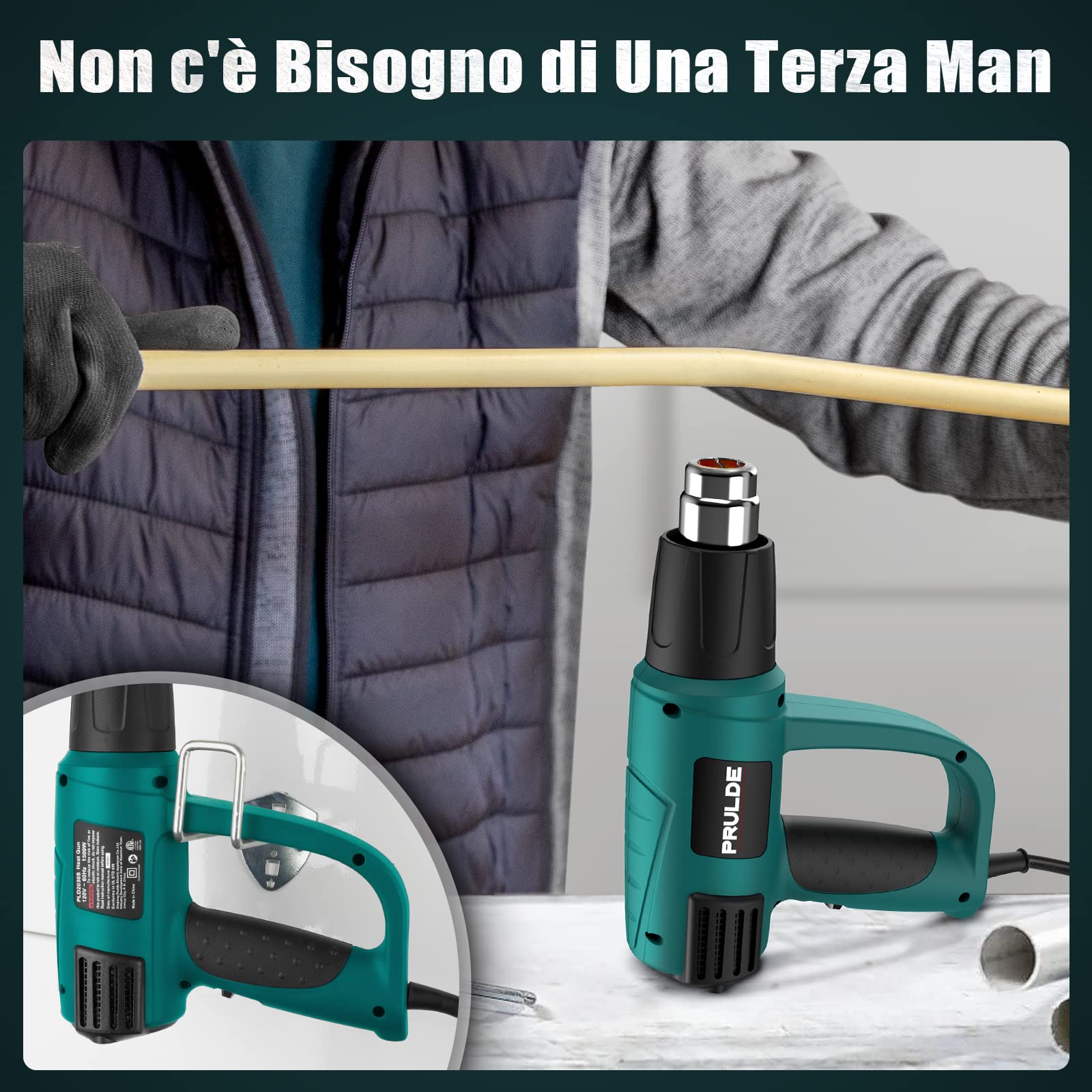 PRULDE Pistola Termica Elettrica, 2000W Pistola ad Aria Calda con Display Digitale LCD, Controllo Temperatura Variabile (50℃- 650℃) con 4 ugelli per rimozione vernice, saldatura e restringimento