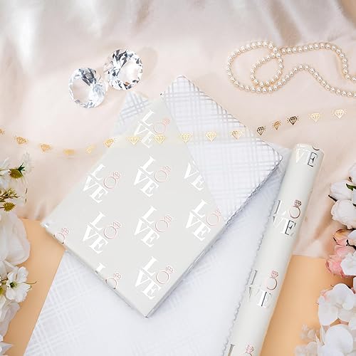 Miniatura 4 de LeZakaa Rollo de papel de regalo reversible de boda, diseño de amor con anillo y cuadros, lámina plateada para boda, compromiso, despedida de