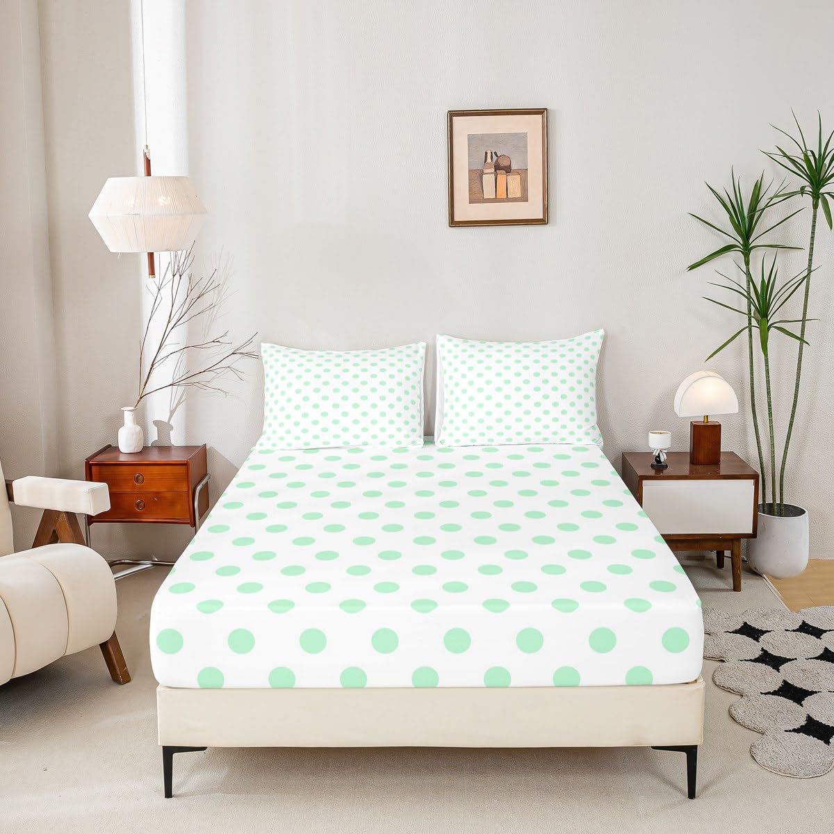 Green Polka Dots Full Size Fitted Sheet,Geometric Circles Green White Simple Art 3 Pieces Kids Teenager Room Decor Cartoon Dots French Style Lovely Pocket 2 Pillowcases