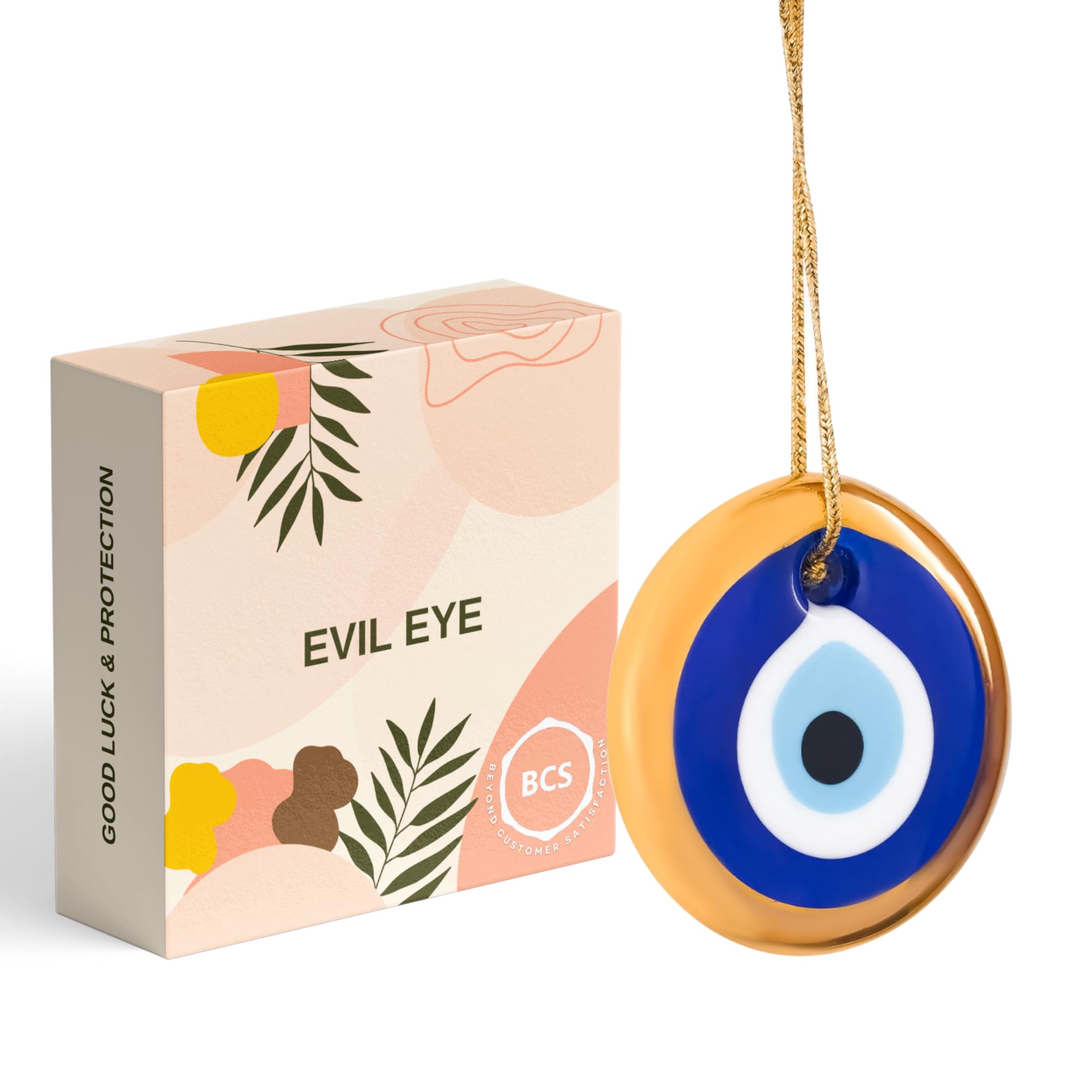 BCS Blue-Gold Evil Eye Decor 2.8" Wall Hanging Ornament Glass Handmade Turkish Greek Nazar Amulet Good Luck and Protection Charm for Home, Office, Garden, Door Ojo Turco (in Box)