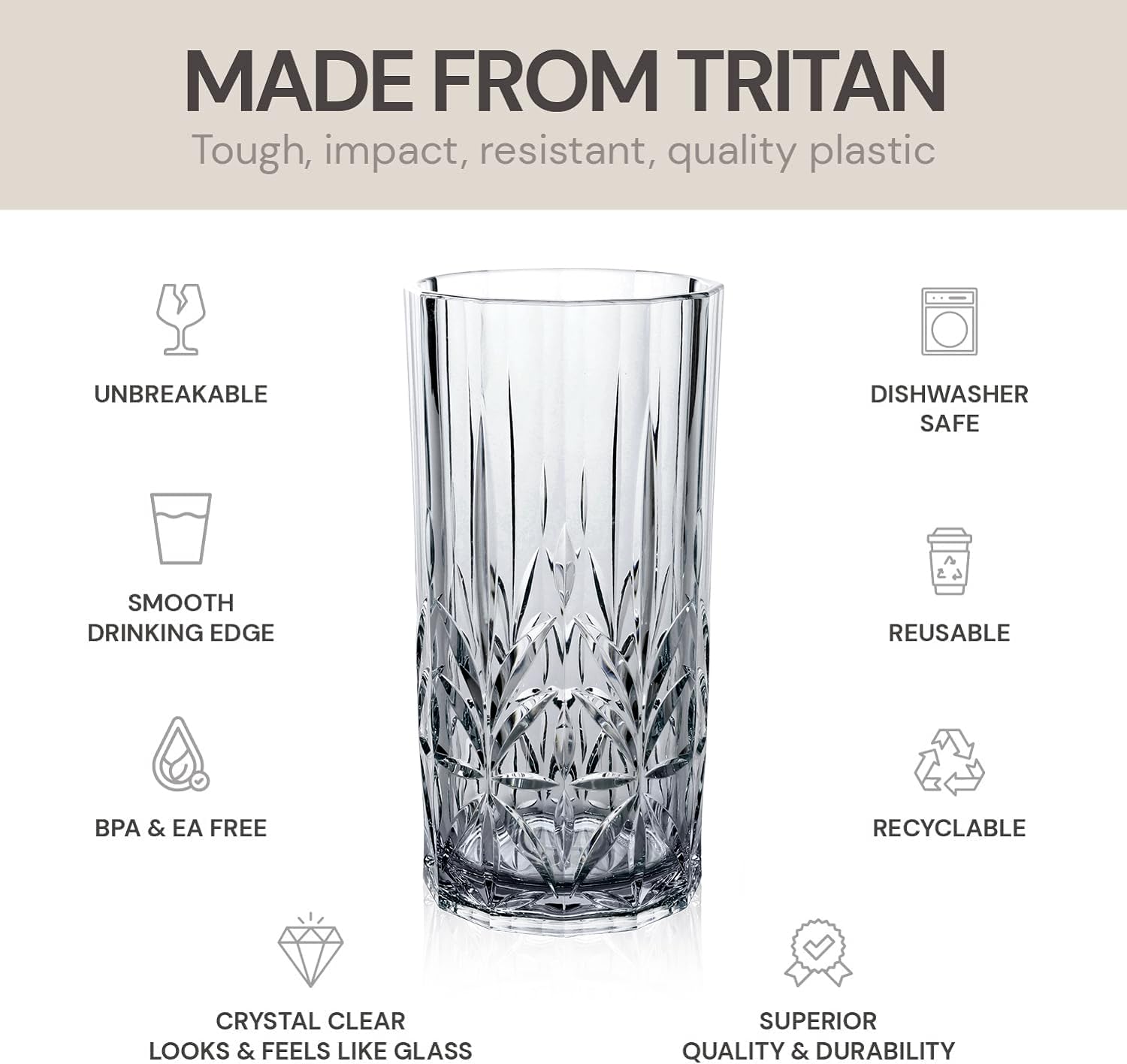 BELLAFORTE Set di 4 bicchieri alti infrangibili in Tritan, 510 g, bicchieri in plastica infrangibili, per regali, feste, Capodanno, senza BPA, lavabili in lavastoviglie, grigio fumo