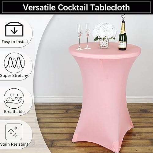 Miniatura 2 de Paquete de 2 fundas de elastano rosa para mesa de cóctel, mantel redondo elástico, mantel ajustado para bodas, fiestas, banquetes, bares, eventos,