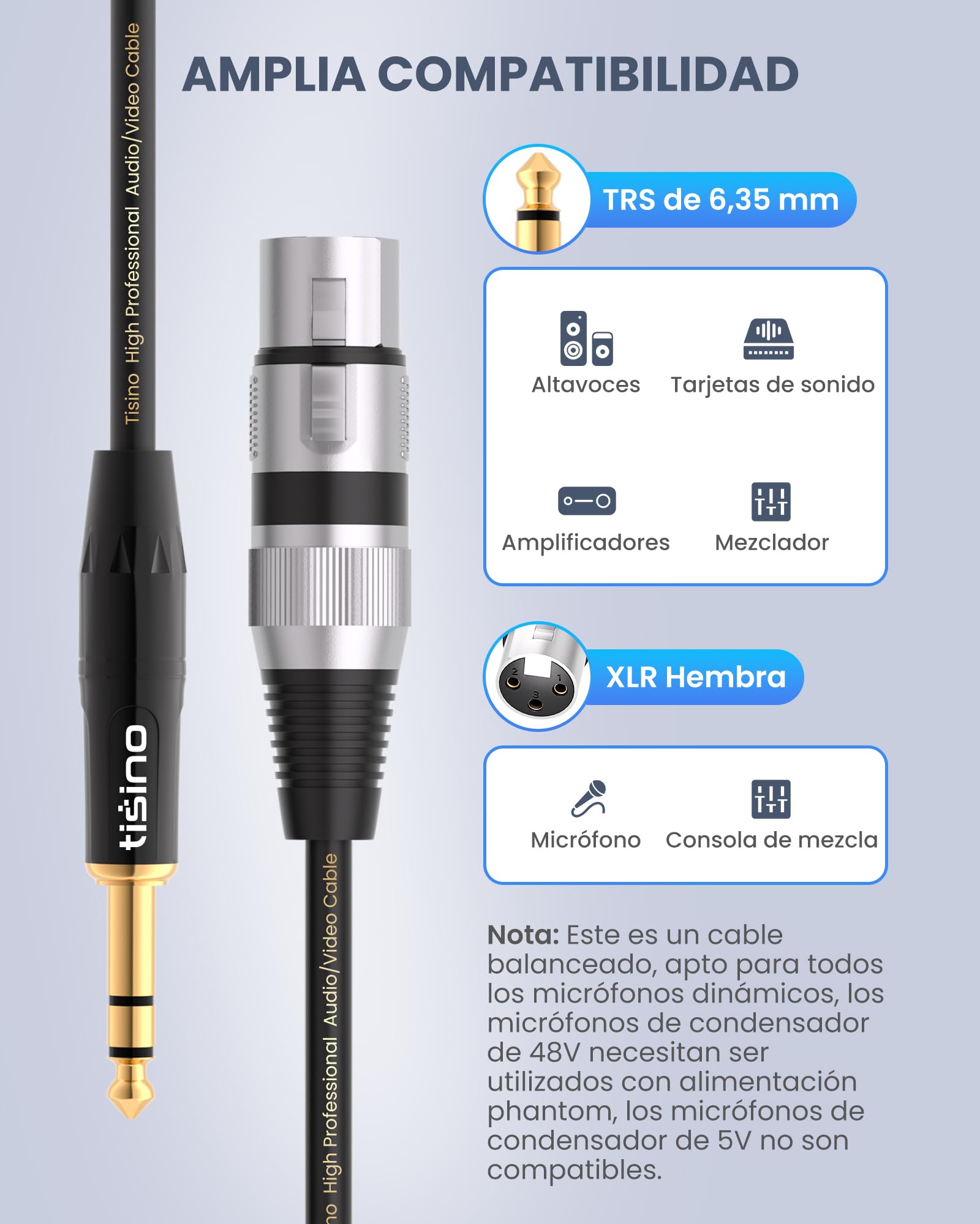 Tisino Cable XLR Hembra a Jack, Cable XLR a 6,35 mm TRS Estéreo Balanceado Para Mixer, Micrófono, Altavoz, Amplificador, Equipo de Sonido- 5M