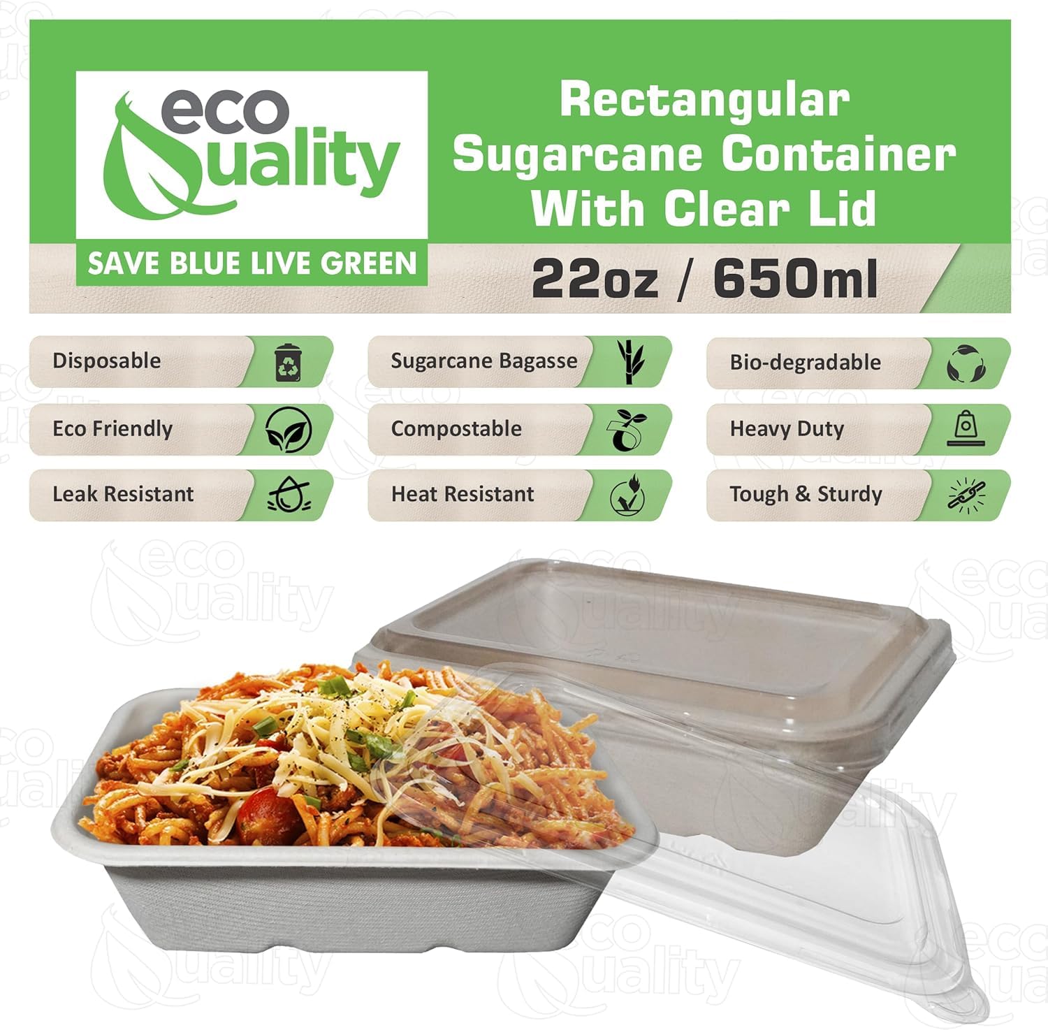 EcoQuality 22oz Disposable Bowls with Clear Lids - Rectangular Compostable Sugarcane Fiber Biodegradable Paper Bowls Eco-Friendly Take Out Food Storage Containers, Microwave Safe, Meal Prep (100)