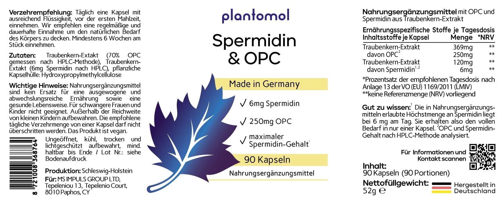 Spermidin Kapseln hochdosiert optimiert mit OPC Traubenkern-Extrakt und Spermidin 6mg - einzigartige Kombination aus Spermidine & OPC Kapseln - 3 Monatsvorrat