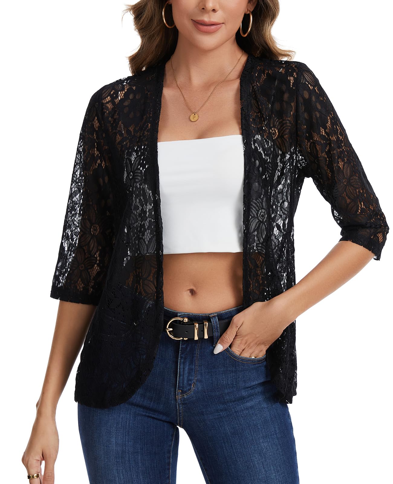 Cardigan da donna in pizzo aperto sul davanti manica a 3/4 coprispalle bolero casual coprispalle stratificazione top dress cover up elegante