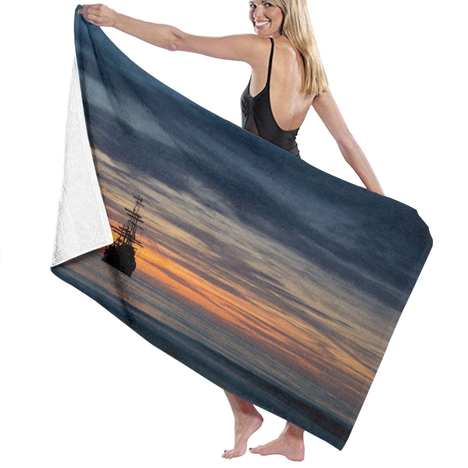 Lsjuee Pirate Ship in Sunset Scenery Beach Towels for Women Absorbent Superfine Fiber Beach Towel for Kids Personalized for Gym Fitness Swimming Class Honeymoon Picnic Swimming Camping 32INx52IN