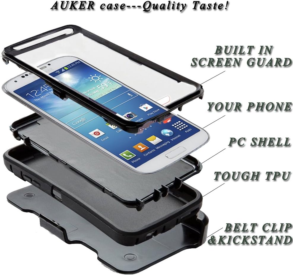 Galaxy S4 Case,S4 Holster Case,Auker 3 Layer Shock Absorption Drop Proof Scratch Resistant Built-in Screen Protector Full Body Protective Defender Case with Belt Clip for Samsung Galaxy S4 (Black)