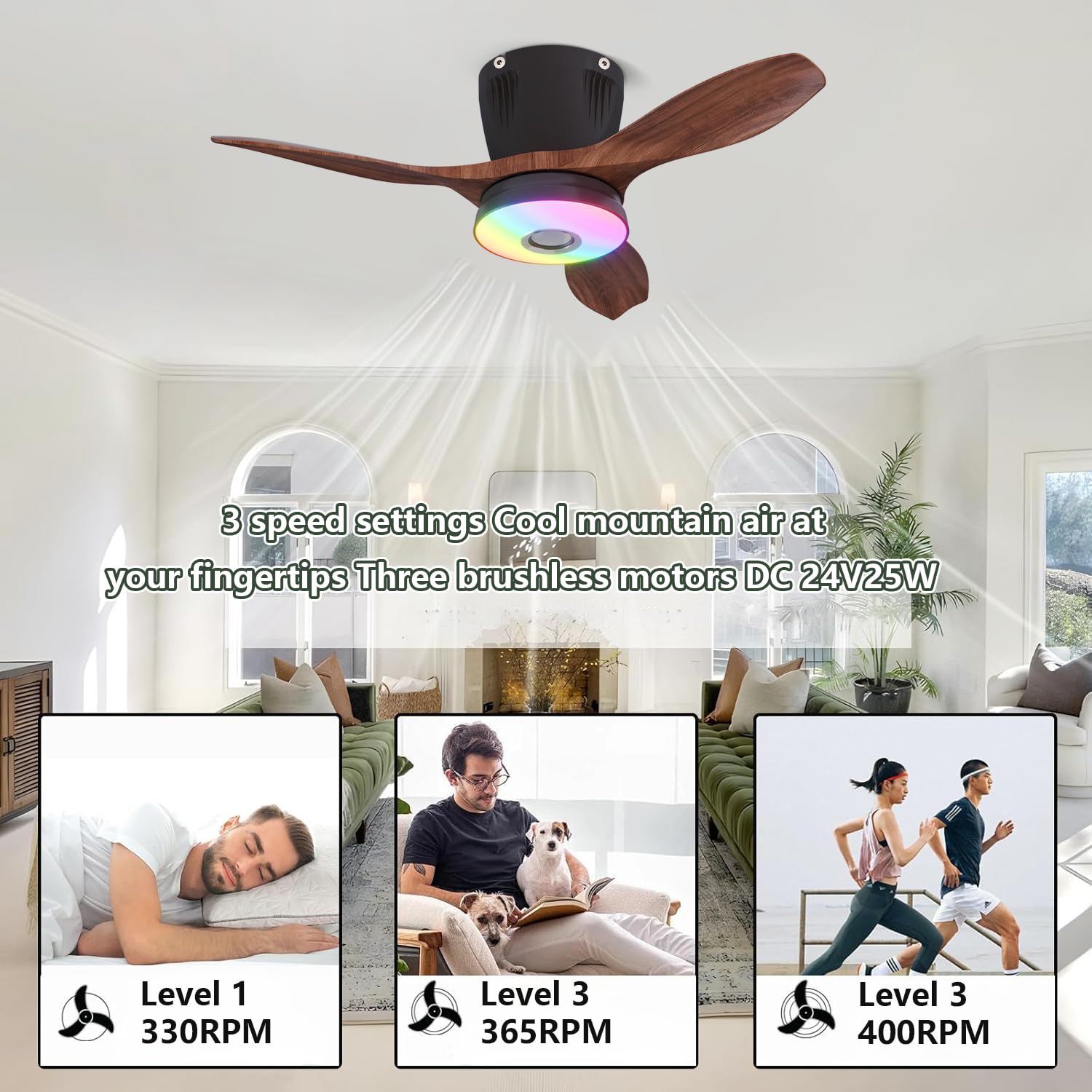 RGB Dimmable Plafonnier Ventilateur avec Telecommande LED Silencieux Ventilateurs de Plafond avec Lampe Douille E27 Fan Plafonnier Musique Lampe de Ventilateur pour Chambre à Coucher Salon (Noir)