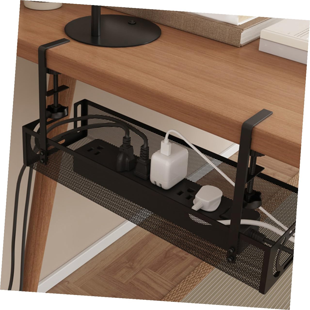 Organizador de Cables bajo Escritorio Metálico Negro Bandeja para Gestión y Almacenamiento de Cables Cesta para Ocultar Regletas y Enchufes Tamaño Grande 40X13X7 CM Adecuado