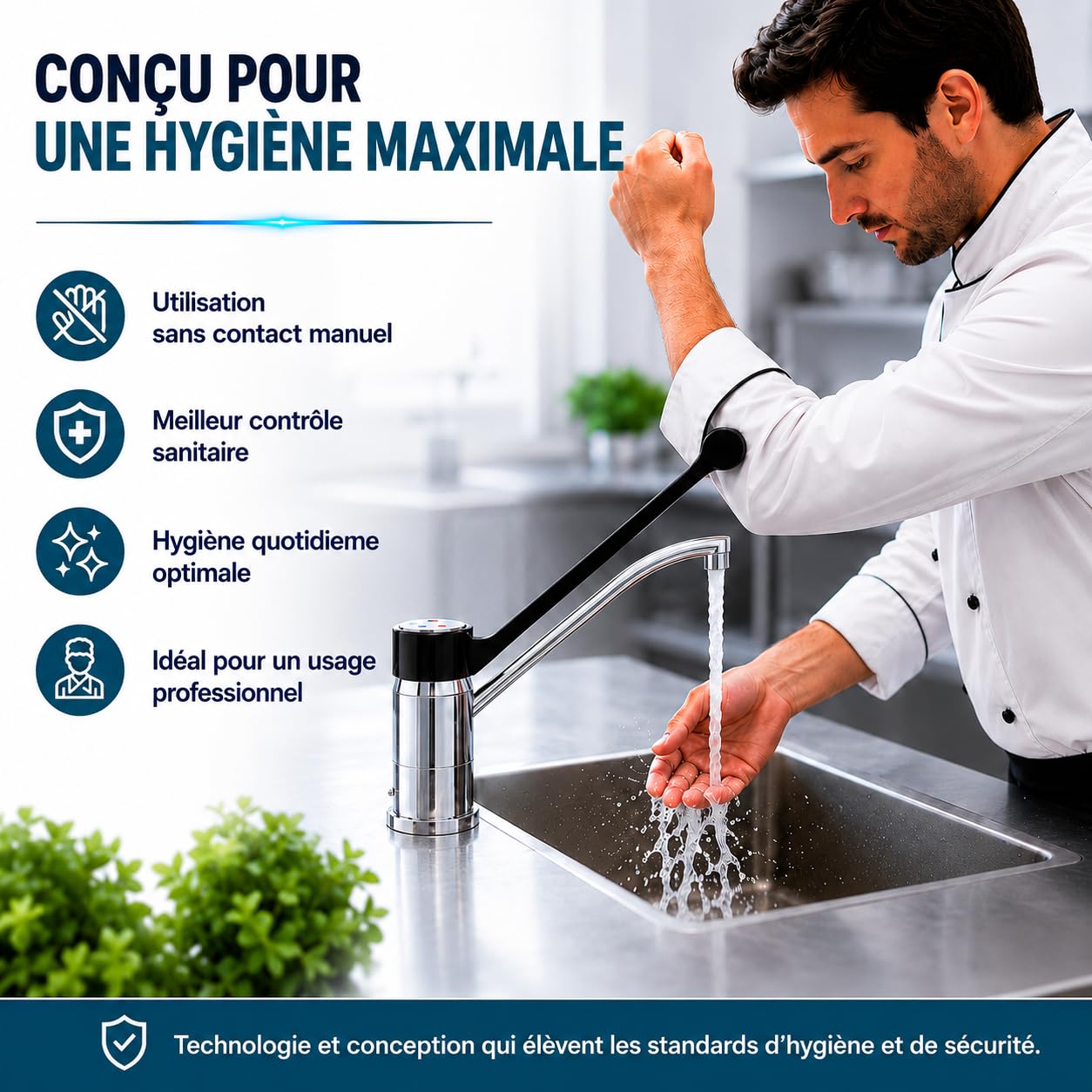 GOLDMAN SERVICE | Robinet coudé gérontologique monocommande, levier long 30 cm, bec 360°, robinet sanitaire et hygiénique pour hôpitaux, cliniques, laboratoires et cuisine professionnelle