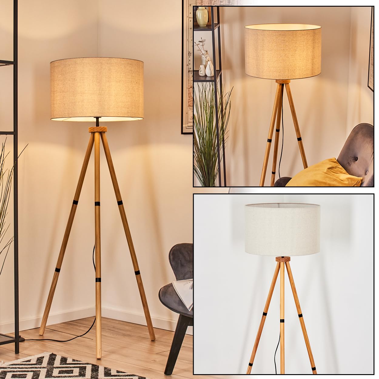 HOFSTEIN Stehleuchte Flemming, Stehlampe aus Holz/Metall im modernen Boho-Design, Schirm aus Stoff, Ø 50 cm, 152,5 cm, E27, Fußschalter - Wohnzimmer, Schlafzimmer, Esszimmer, Flur