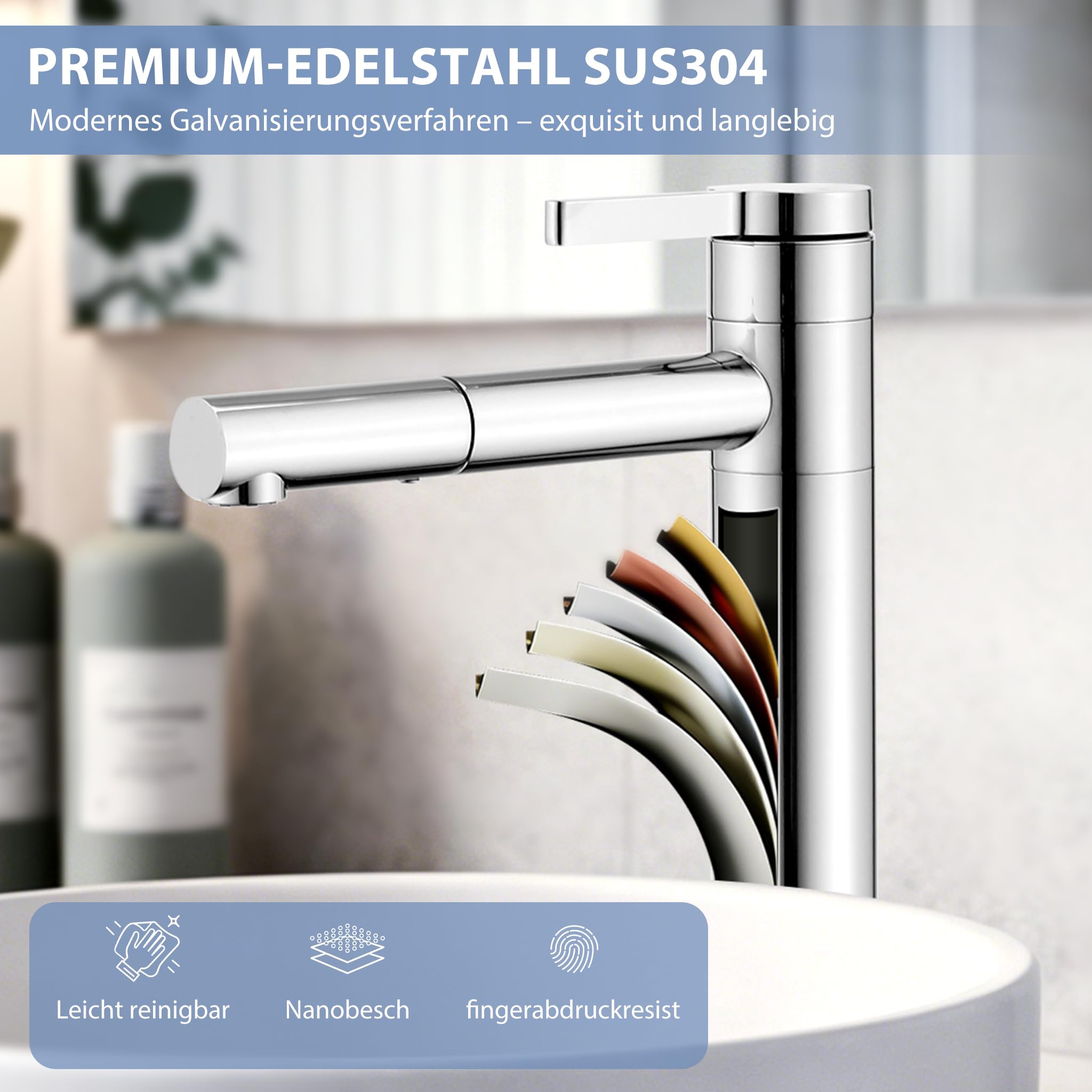HOMELODY Grifo de lavabo alto cromado, doble caño y cuerpo giratorios 360°, 215 mm de altura de caño de acero inoxidable, grifo monomando para baño, ahorro de agua