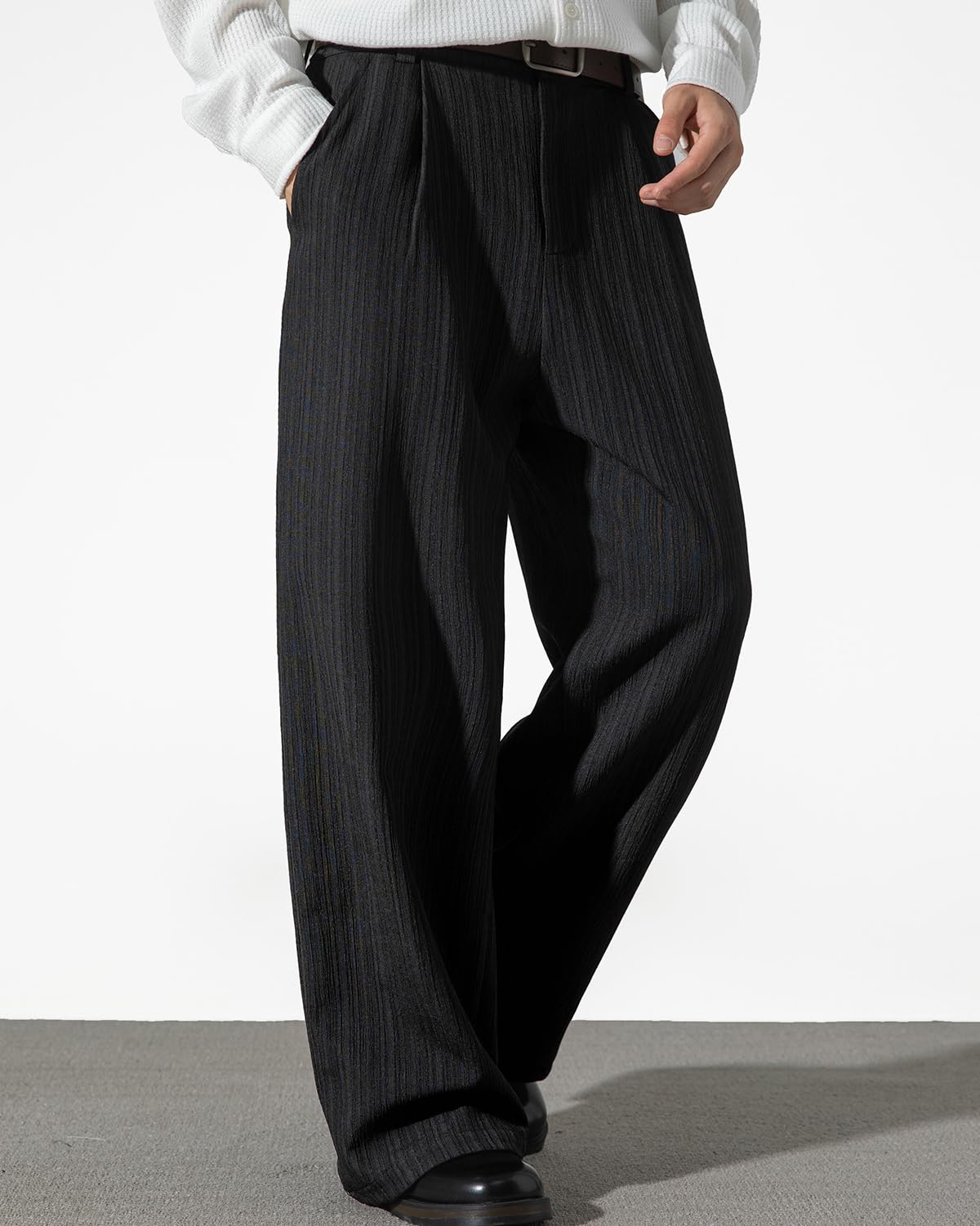 Pantaloni Da Uomo Neri A Righe, Gamba Larga, Pieghettati, Comodi, Da Lavoro E Business, A Vita Alta