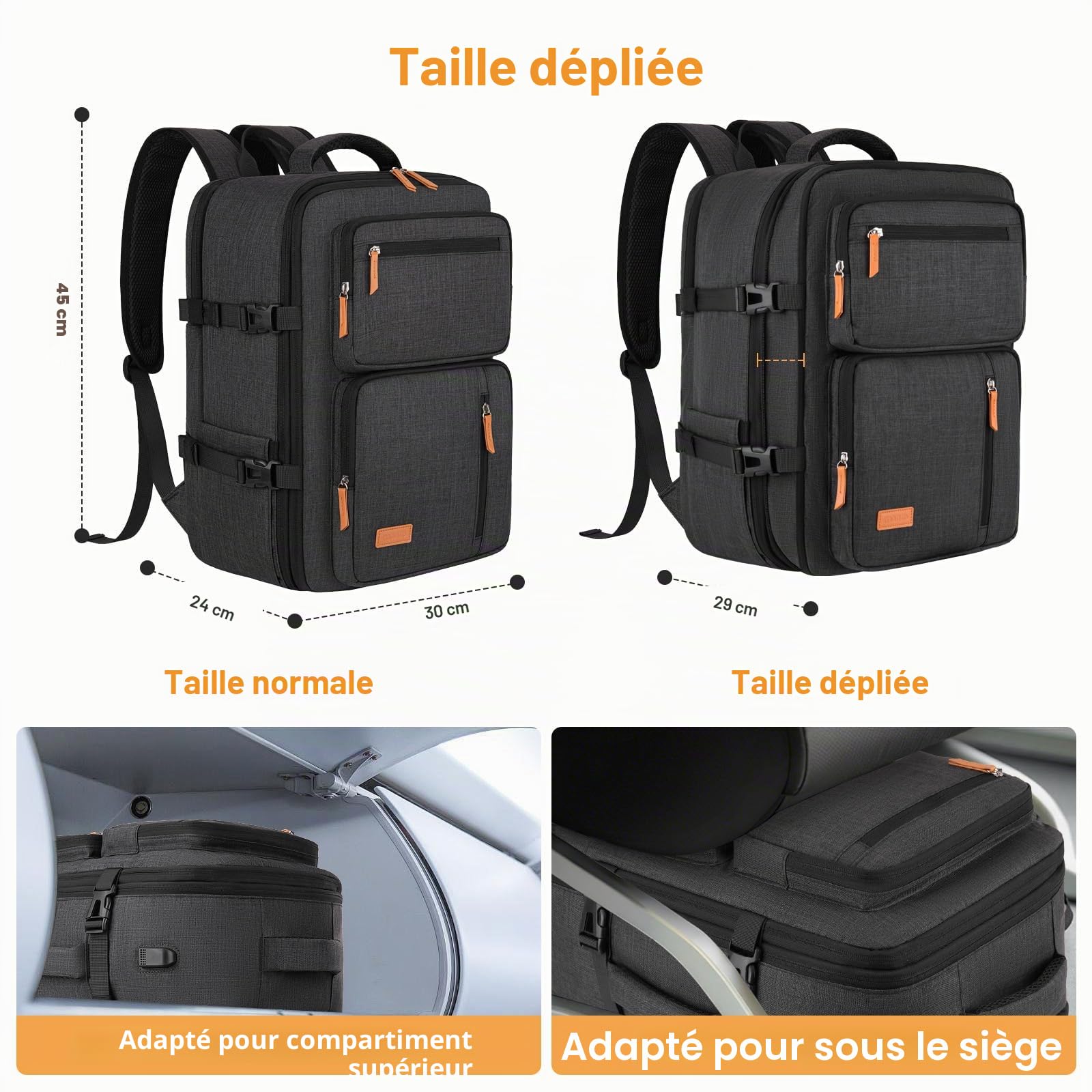 MOSISO Sac à Dos Voyage 40L Pour Hommes/Femmes, Approuvé Vols, Sac de Jour Cabin Extensible 17-17,3" avec Port USB Charge & 3 Cubes Rangement, Valise Ordinateur Pour Bureau/Travail/Voyage, Noir