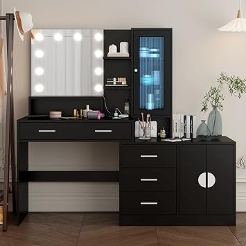Makeup Vanity Desk with Mirror and Light,Vanity Mirror Desk with Charging Station for Bedroom,Makeup Table with Storage Shelves and 4 Drawers,3 Color Modes Adjustment