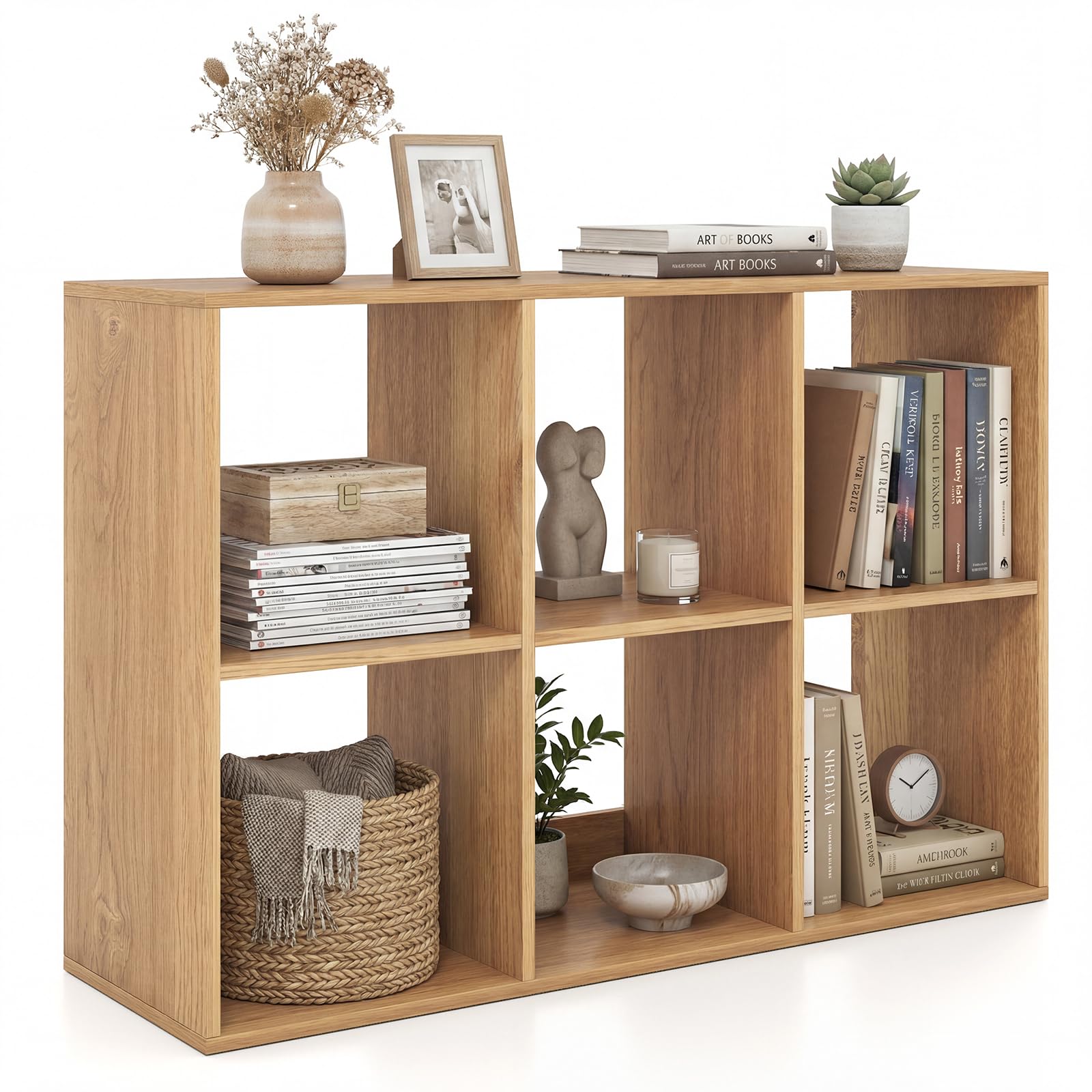 COSTWAY 6/8/9 Cube Bookcase, Wooden Storage Cabinet with Anti-toppling Device, Freestanding Display Bookshelf for Living Room, Bedroom and Study (6 Cubes, Natural)