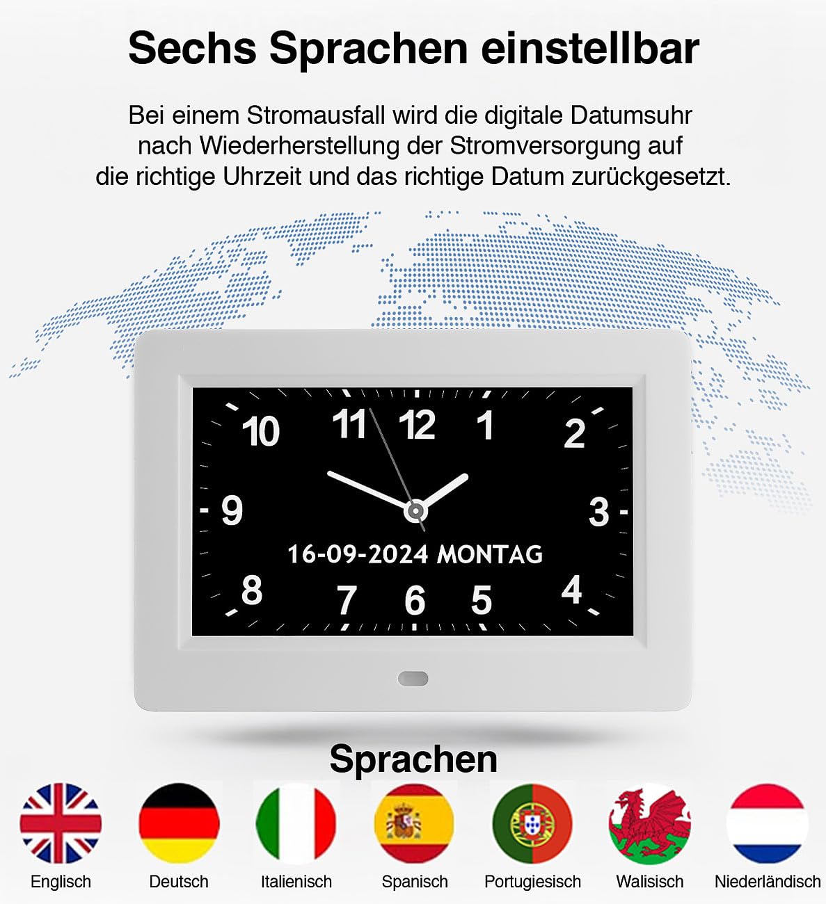 infactory Demenzuhr: Digital-Uhr mit 7"-Display, Wecker, Medizin-Erinnerung, Mediaplayer (Digitalkalender, LCD Uhr, Weck)