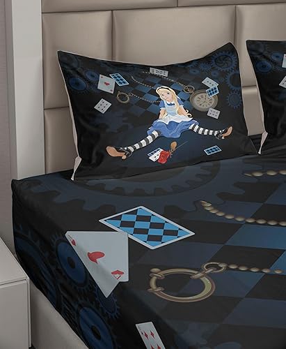 Miniatura 6 de Ambesonne Alicia en el país de las maravillas - Juego de sábanas de niña gigante adulta sentada y dibujos animados a cuadros de rosas, sábana bajera