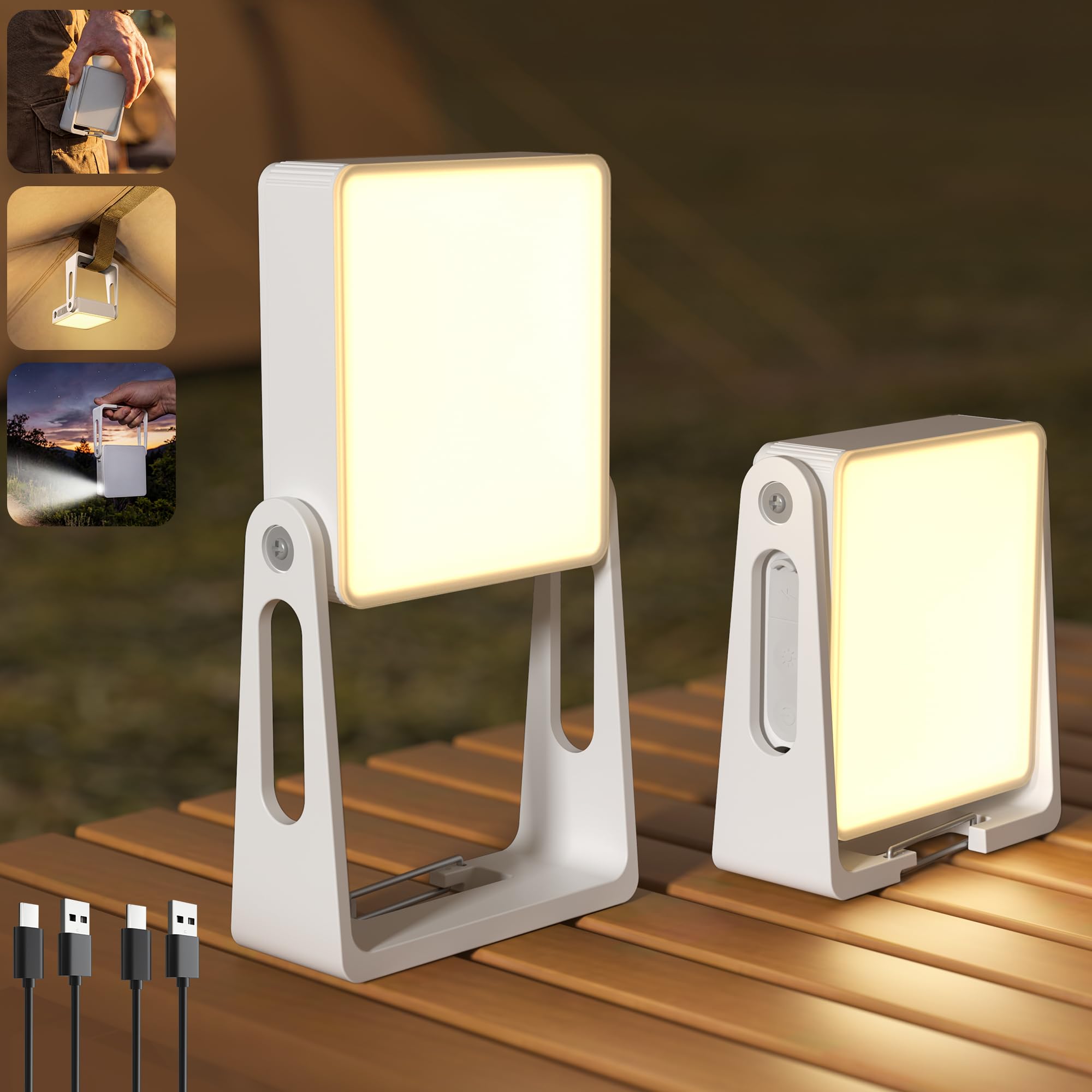 PopoIron 2 Pack Rechargeable LED Camping Light, 4000mAh Dimmable Lanterns with Clip & 360° Adjustable Stand, 2-in-1 Flashlight Emergency Lights for Home Power Outages, White