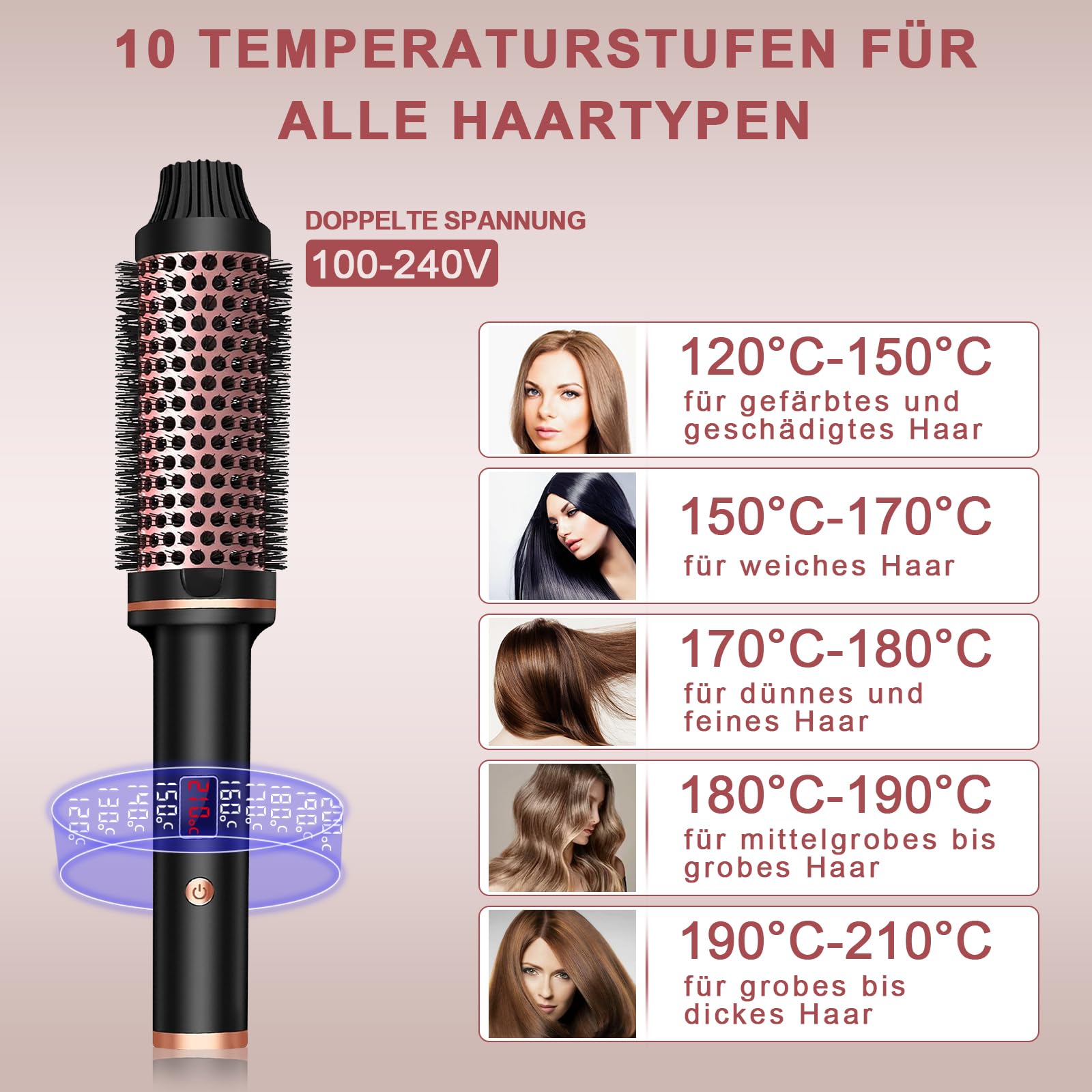 Heated Round Brush 38mm, Elektrische Lockenbürste,Thermobürste Rundbürste, Rundbürste LCD Anzeige 120-210℃, für Wurzelvolumen und lockere Locken, Dual-Spannung, Passend für Reise, Thermal Brush 3 in 1
